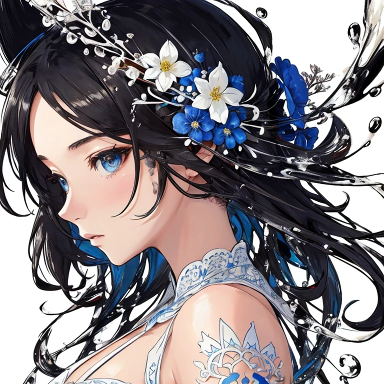 ((((White Background)))), (masterpiece、highest quality、highest quality、beautifully、aesthetic:1.2)、(1 girl:1.3)、(Fractal Art:1.3)、Splash Art, Hollow eyes, Magnificent Instagram, Art Station, Color paint splash style+, contour, Very detailed, Unreal Engine, wonderful, Intricate details, Splash screen, Complementary Color, Realistic concept art, 8k resolution, 逸脱のmasterpiece, Oil, Thick brushwork, Ink droplets, Splash Gear、profile、flower