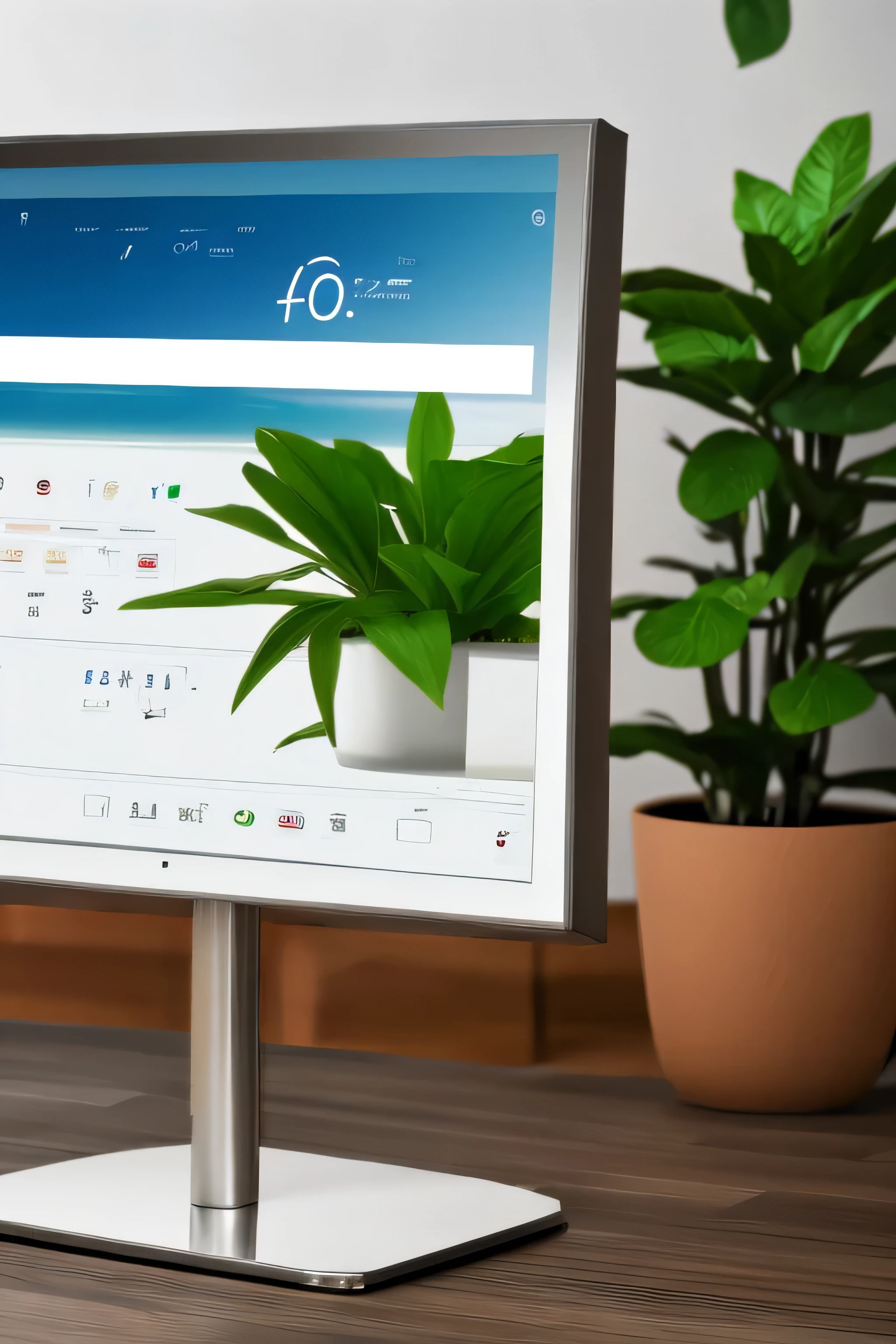 A completely new touch display design, face, 27 inches, screen display"AMTOUCH". The outer frame is silver white, independent tripod, place brown desk, There is a small potted plant next to it.