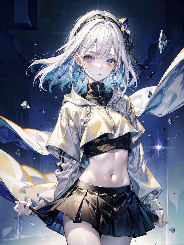 crop top, hoodie, mini skirt, absurdres, RAW photo, extremely delicate and beautiful, masterpiece, Best Quality, ultra high resolution, 32k, hyperrealistic, ultra-detailed, detailed description, pale skin, 20 years old, tearful mole, earring, short medium hair, wavy hair, full body shot,