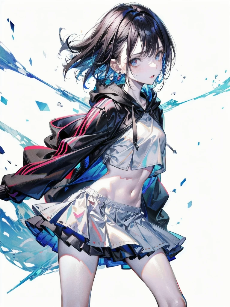 crop top, hoodie, mini skirt, absurdres, RAW photo, extremely delicate and beautiful, masterpiece, Best Quality, ultra high resolution, 32k, hyperrealistic, ultra-detailed, detailed description, pale skin, 20 years old, tearful mole, earring, short medium hair, wavy hair, full body shot,