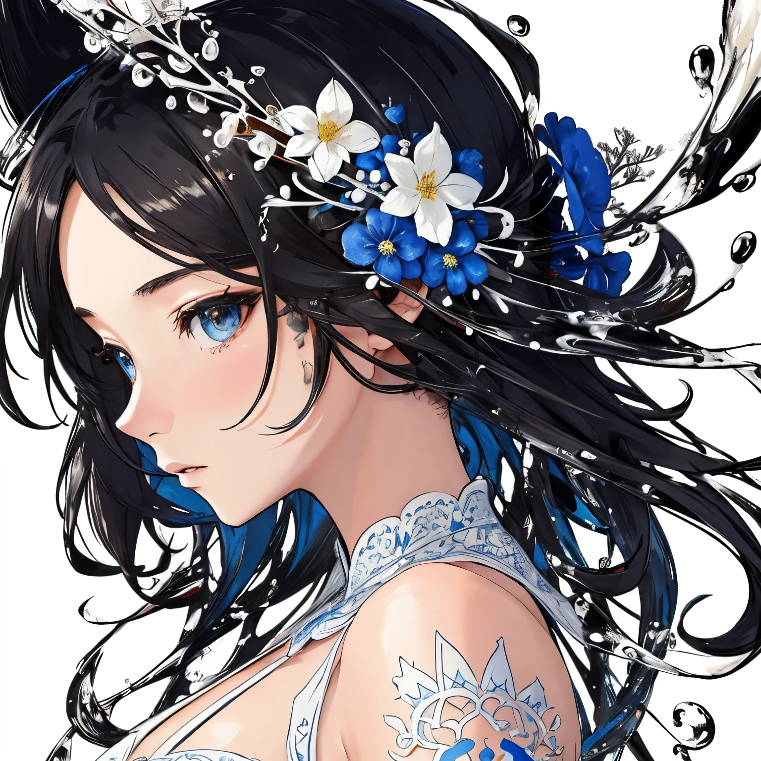 ((((White Background)))), (masterpiece、highest quality、highest quality、beautifully、aesthetic:1.2)、(1 girl:1.3)、(Fractal Art:1.3)、Splash Art, Hollow eyes, Magnificent Instagram, Art Station, Color paint splash style+, contour, Very detailed, Unreal Engine, wonderful, Intricate details, Splash screen, Complementary Color, Realistic concept art, 8k resolution, 逸脱のmasterpiece, Oil, Thick brushwork, Ink droplets, Splash Gear、profile、flower