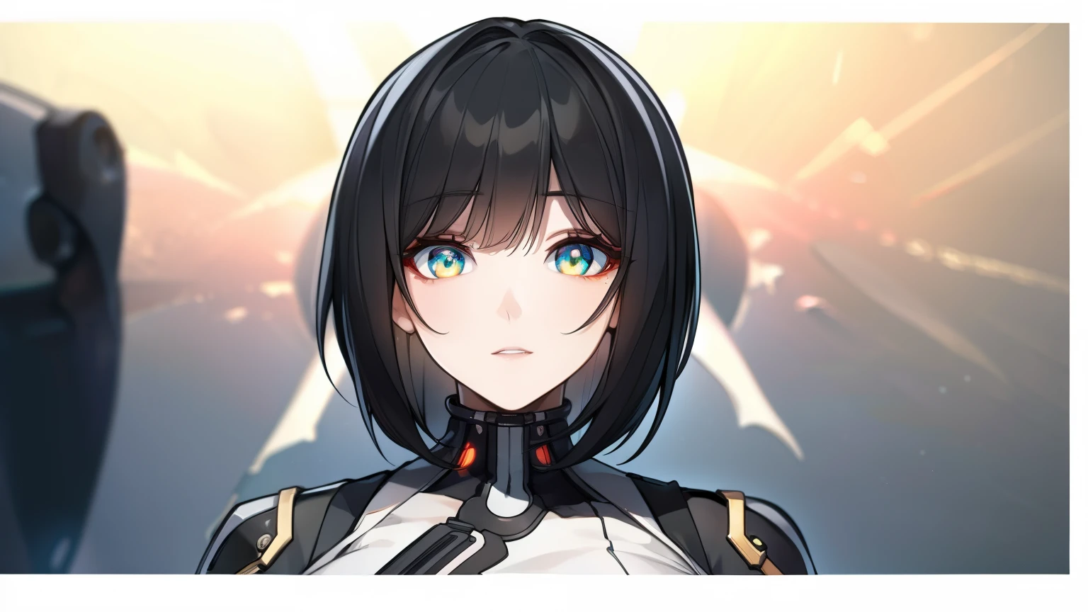 1female, black hair, beautiful face, orange eyes, medium hair, medium breast, futuristic, visual novel cg style, BREAK looking at viewer, BREAK (masterpiece:1.2), best quality, high resolution, unity' 8k wallpaper, (illustration:0.8), (beautiful detailed eyes:1.6), extremely detailed face, perfect lighting, extremely detailed CG, (perfect hands, perfect anatomy)