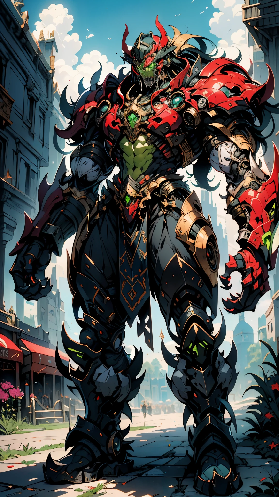 A man wearing a full-face helmet, a fantasy-style biotech armored combat suit, green eyes, (a composite layered chest armor), fully enclosed shoulder guards, matching arm and leg guards, the belt is adorned with fangs biting into gem, (the color scheme is primarily black with red accents), the design balances heavy with agility, a high-tech bio-mecha armor, (Armor Concept Inspired by Godzilla, stand on the top of a skyscraper in a futuristic sci-fi city), this character embodies a finely crafted fantasy-surreal style armored hero in anime style, exquisite and mature manga art style, (element, plasma, energy, the armor glows), ((male:1.5)), metallic, real texture material, dramatic, high definition, best quality, highres, ultra-detailed, ultra-fine painting, extremely delicate, professional, perfect body proportions, golden ratio, anatomically correct, symmetrical face, extremely detailed eyes and face, high quality eyes, creativity, RAW photo, UHD, 32k, Natural light, cinematic lighting, masterpiece-anatomy-perfect, masterpiece:1.5