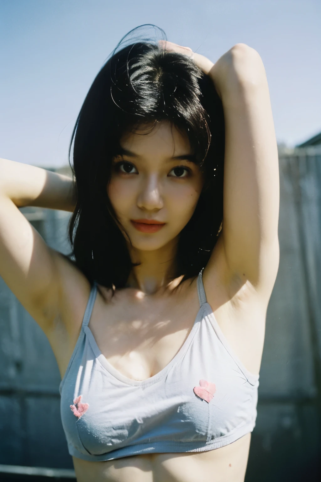 masterpiece of analog film photography taken by Hideaki Hamada,a 20yo girl,the sunlight illuminating her gentle face, SHOFF ARMPITS, DETAILED ARMPIT
