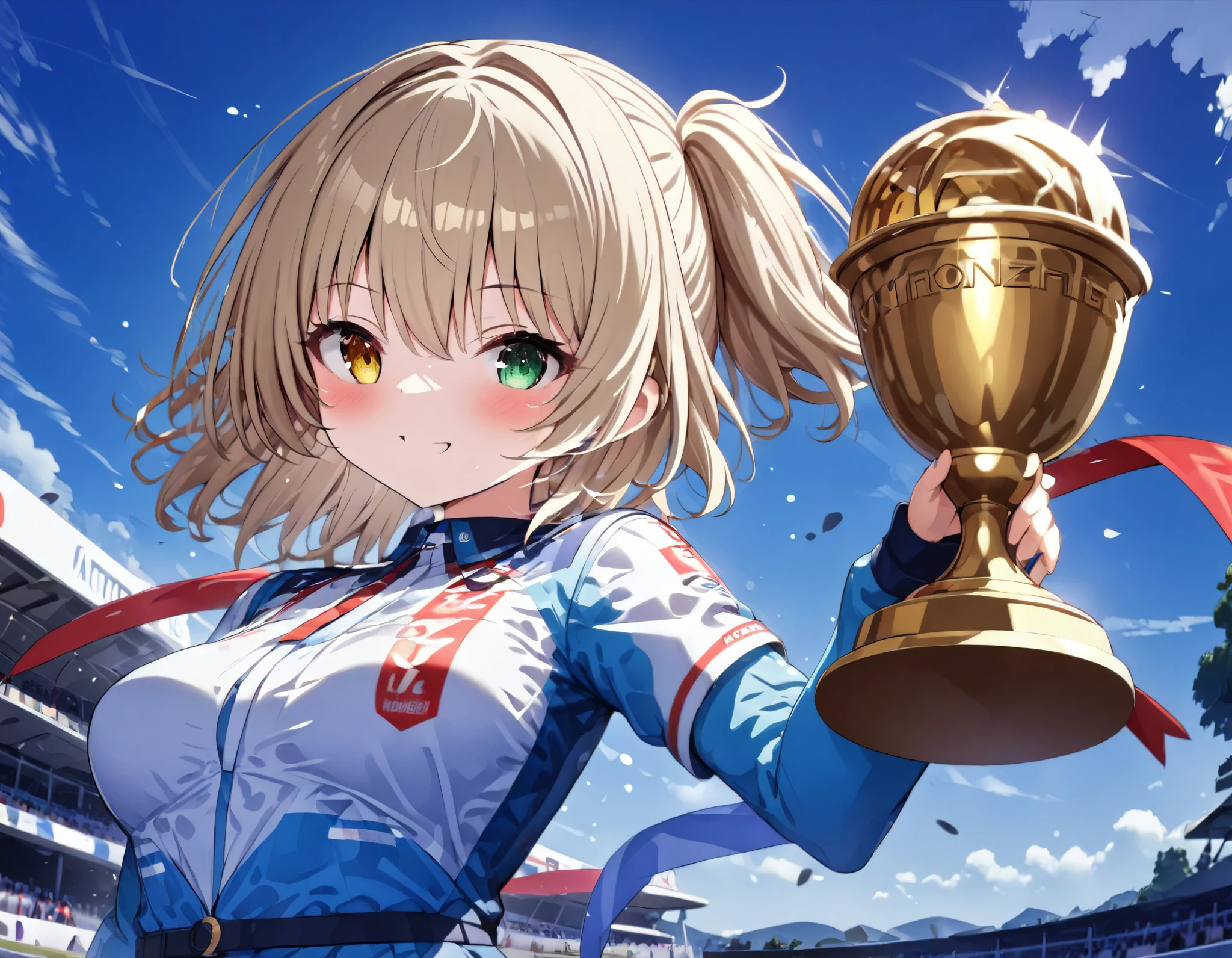 (((master piece Highest quality ultra detailed,Unity 8k))),(perfect hand)((Autodromo Nazionale Monza,Award Platform)),1 girl,medium hair,wavy hair,blue car racing wear,,(heterochromia green eye yellow eye),medium breasts:1.2,close eye Smile,((large Gold Trophy)),wide shot:1.5