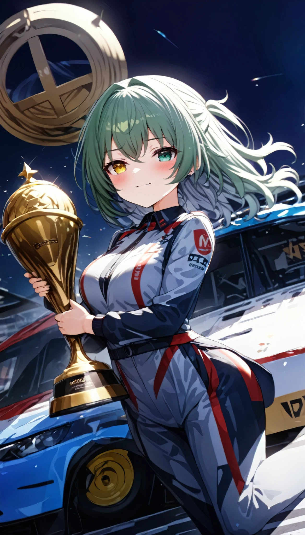 (((master piece Highest quality ultra detailed,Unity 8k))),(perfect hand)((Autodromo Nazionale Monza,Award Platform)),1 girl,medium hair,wavy hair,blue car racing wear,,(heterochromia green eye yellow eye),medium breasts:1.2,close eye Smile,((large Gold Trophy)),wide shot:1.5