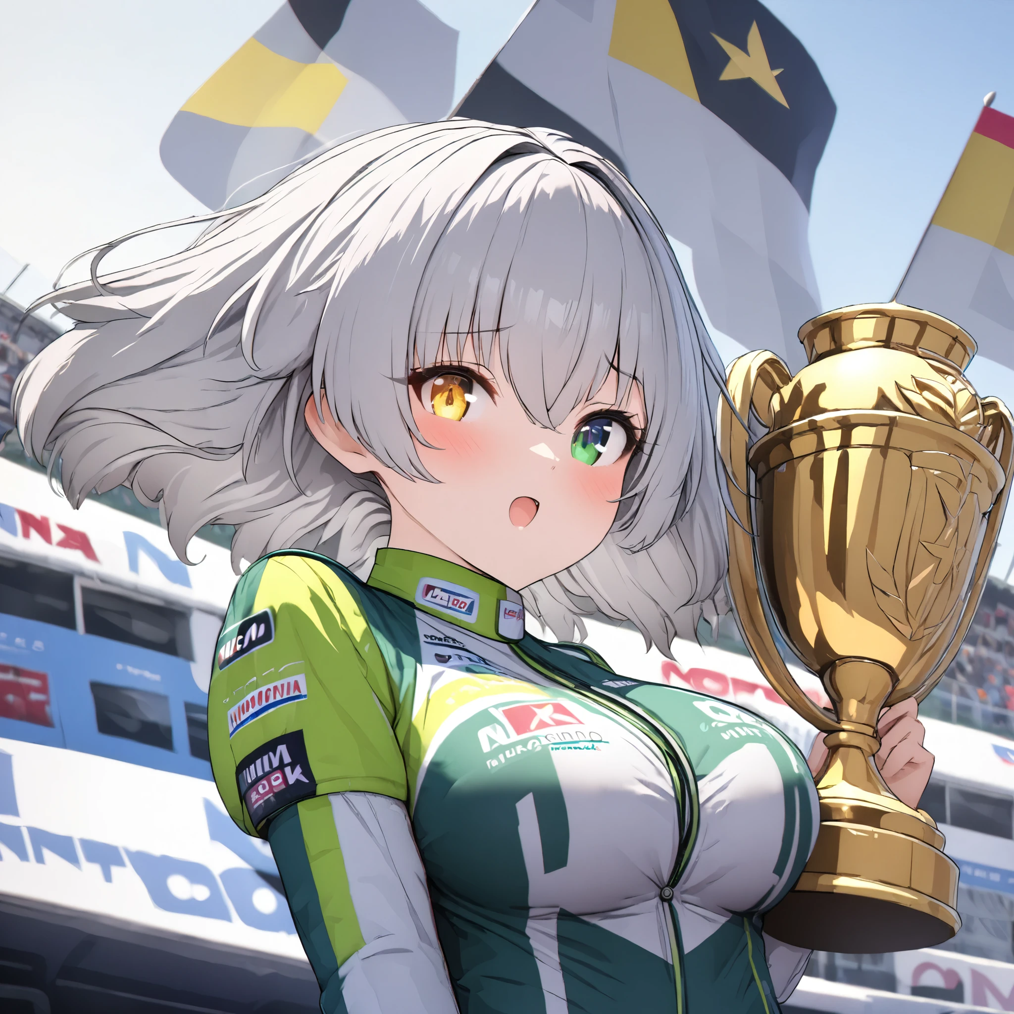 (((Highest quality ultra detailed,Unity 8k))),((Autodromo Nazionale Monza,Award Platform)),1 girl,Silver Hair,blue car racing wear,,(heterochromia green eye yellow eye),large breasts:0.4,close eye,((Gold Trophy))