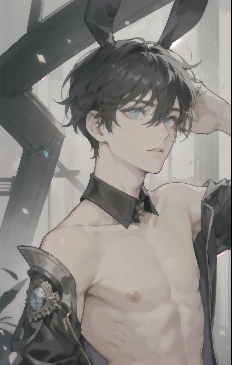 masterpiece, best quality, ultra detailed, (solo man), (male focus), ((Oblong face)), ((Square jawline)), black hair, ((hairs between eyes)), ((shoulder length)), ((narrow blue eye)), fair skin, skinny body, beauty mark, nsfw, men's bunny, looking to the right