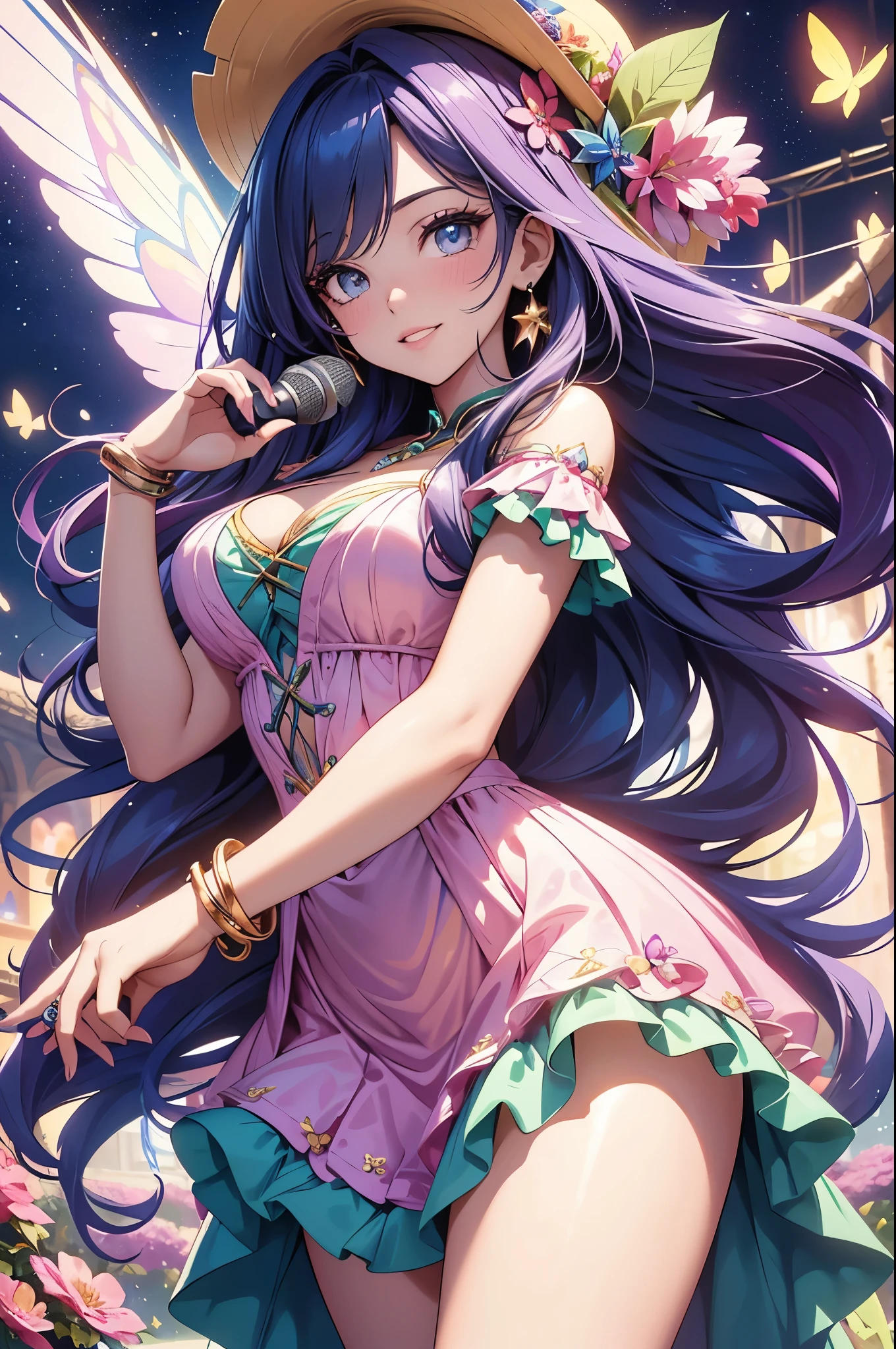 (best quality,4k,8k,highres,masterpiece:1.2),ultra-detailed,(realistic,photorealistic,photo-realistic:1.37),acrylic painting,beautiful Brazilian model in a Lolita dress with downy hair,beautiful Brazilian model with extremely colorful hair and detailed facial features,beautiful Brazilian model standing in a beautiful garden surrounded by a starry sky,beautiful Brazilian model wearing a vibrant Lolita dress,beautiful Brazilian model with intricate accessories and a matching hat,beautiful Brazilian model posing gracefully with her hands on her hips,beautiful Brazilian model with long flowing twintails,beautiful Brazilian model with bright blue eyes and rosy lips,beautiful Brazilian model with a joyful expression,beautiful Brazilian model in a dynamic pose with cherry blossoms falling around her,beautiful Brazilian model surrounded by colorful flowers and butterflies,beautiful Brazilian model's dress adorned with cute bows and lace details,beautiful Brazilian model with an enchanting smile,beautiful Brazilian model with soft, pastel-colored shading,beautiful Brazilian model with a magical glow illuminating her,beautiful Brazilian model in a picturesque setting with a winding path leading to a magnificent castle,beautiful Brazilian model holding a microphone and singing passionately,beautiful Brazilian model with a fairytale-like background,beautiful Brazilian model with a soft, dreamy atmosphere,beautiful Brazilian model with a subtle bokeh effect,beautiful Brazilian model standing under a moonlit sky,beautiful Brazilian model with a warm, golden sunset in the background,beautiful Brazilian model surrounded by twinkling stars and colorful nebulae,creating an ethereal and captivating artistic masterpiece.