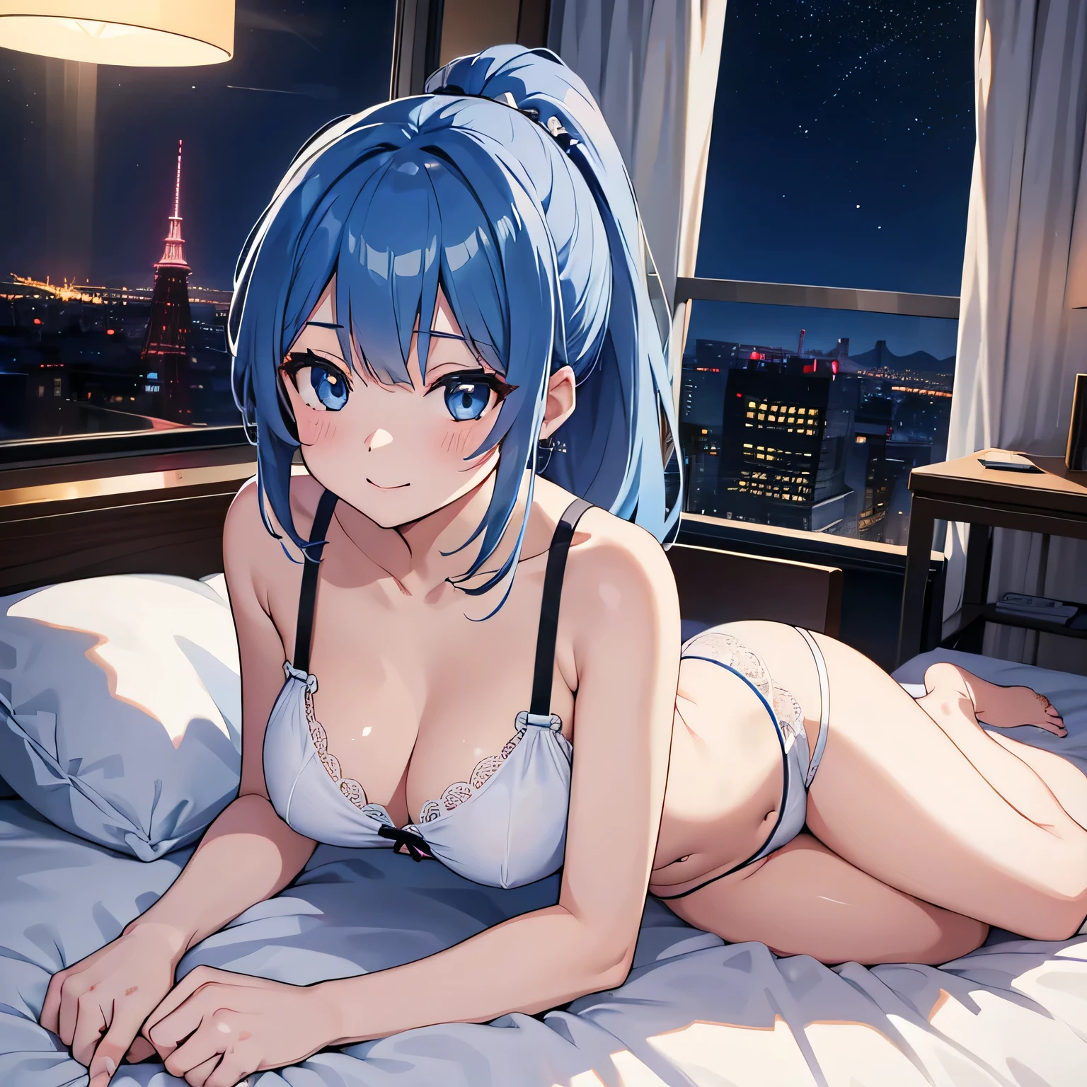 ((sexual)), (exposure), japanese anime, on bed, beautiful face, beautiful legs, lying on bed, 1 female, white underwear, detailed, 8k, ((opening both legs)), blue hair, sparkling blue light, Sparkling, (very dark room), M-shaped legs, With legs apart, night, at night, front、Facing front、gently smiling, whole bodyが見える, 4K quality, goddess, Cute Moe Anime, Healing, clear, A kind smile, Anime style Japanese hairstyle, Beauty, Clear Eyes, whole body, Cute face, Perfect Anatomy, Smooth, beautiful hair, both legs opened,　Lying in bed、Thin legs、thighs, western-style lighting, With legs apart、underwear, Tower apartment room, modern architecture, ponytail hairstyle, beautiful eyes, Night view, Beautiful night view, whole body、full body, huge window, modern architecture, luxurious hotel room, vip room, dark colored room, windows all around, moonlight, hotel room colored black and white, 2020s architecture, japanese high , white shirt,