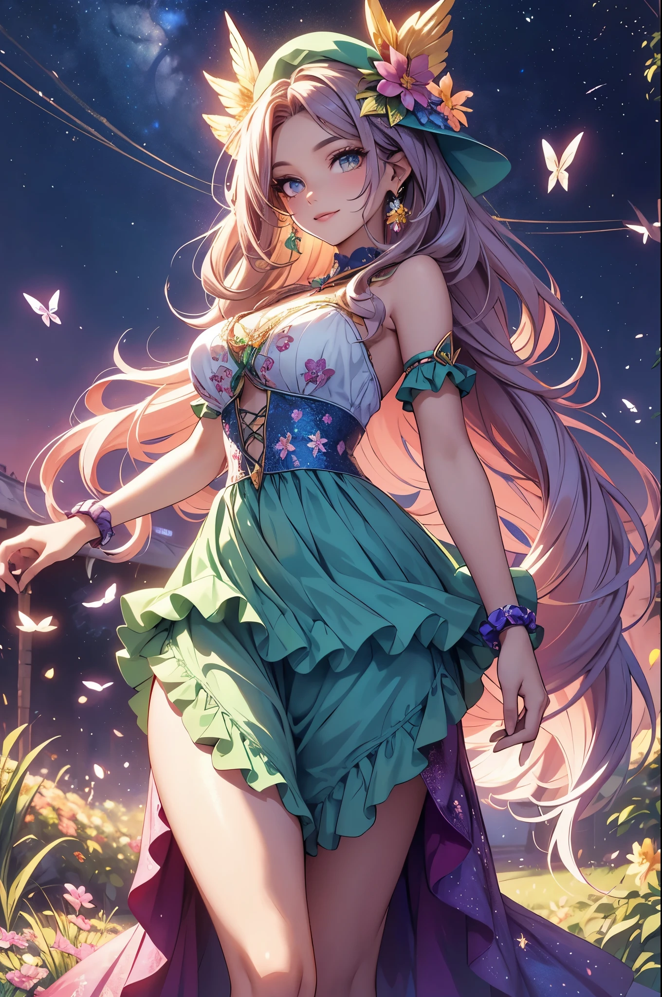 (best quality,4k,8k,highres,masterpiece:1.2),ultra-detailed,(realistic,photorealistic,photo-realistic:1.37),acrylic painting,beautiful Brazilian model in a Lolita dress with downy hair,beautiful Brazilian model with extremely colorful hair and detailed facial features,beautiful Brazilian model standing in a beautiful garden surrounded by a starry sky,beautiful Brazilian model wearing a vibrant Lolita dress,beautiful Brazilian model with intricate accessories and a matching hat,beautiful Brazilian model posing gracefully with her hands on her hips,beautiful Brazilian model with long flowing twintails,beautiful Brazilian model with bright blue eyes and rosy lips,beautiful Brazilian model with a joyful expression,beautiful Brazilian model in a dynamic pose with cherry blossoms falling around her,beautiful Brazilian model surrounded by colorful flowers and butterflies,beautiful Brazilian model's dress adorned with cute bows and lace details,beautiful Brazilian model with an enchanting smile,beautiful Brazilian model with soft, pastel-colored shading,beautiful Brazilian model with a magical glow illuminating her,beautiful Brazilian model in a picturesque setting with a winding path leading to a magnificent castle,beautiful Brazilian model holding a microphone and singing passionately,beautiful Brazilian model with a fairytale-like background,beautiful Brazilian model with a soft, dreamy atmosphere,beautiful Brazilian model with a subtle bokeh effect,beautiful Brazilian model standing under a moonlit sky,beautiful Brazilian model with a warm, golden sunset in the background,beautiful Brazilian model surrounded by twinkling stars and colorful nebulae,creating an ethereal and captivating artistic masterpiece. 