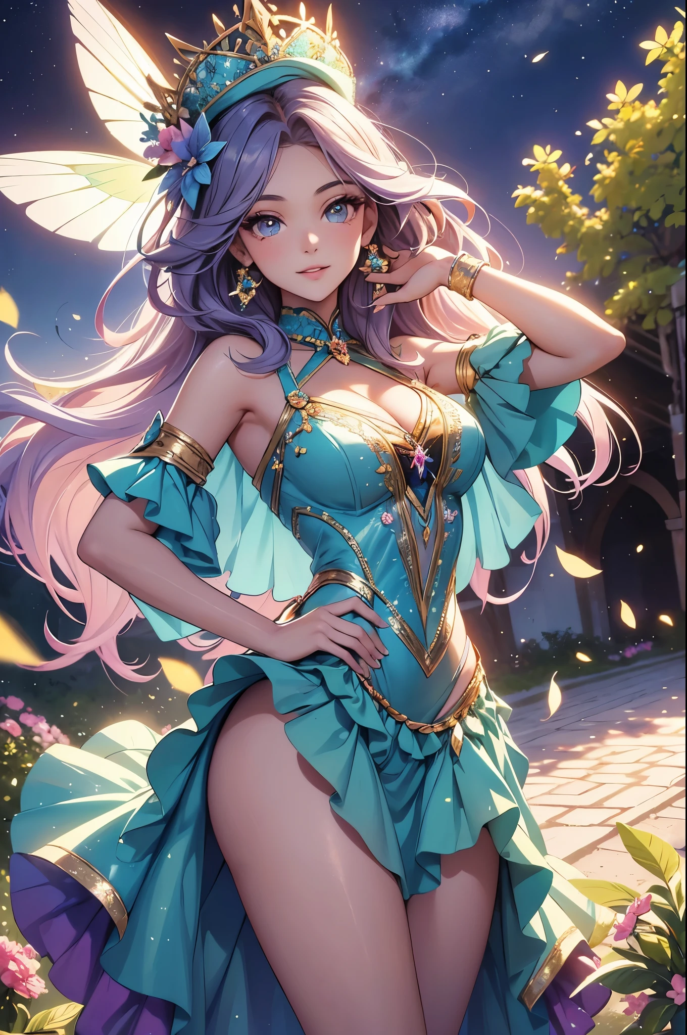 (best quality,4k,8k,highres,masterpiece:1.2),ultra-detailed,(realistic,photorealistic,photo-realistic:1.37),acrylic painting,beautiful Brazilian model in a ta dress with downy hair,beautiful Brazilian model with extremely colorful hair and detailed facial features,beautiful Brazilian model standing in a beautiful garden surrounded by a starry sky,beautiful Brazilian model wearing a vibrant Loliress,beautiful Brazilian model with intricate accessories and a matching hat,beautiful Brazilian model posing gracefully with her hands on her hips,beautiful Brazilian model with long flowing twintails,beautiful Brazilian model with bright blue eyes and rosy lips,beautiful Brazilian model with a joyful expression,beautiful Brazilian model in a dynamic pose with cherry blossoms falling around her,beautiful Brazilian model surrounded by colorful flowers and butterflies,beautiful Brazilian model's dress adorned with cute bows and lace details,beautiful Brazilian model with an enchanting smile,beautiful Brazilian model with soft, pastel-colored shading,beautiful Brazilian model with a magical glow illuminating her,beautiful Brazilian model in a picturesque setting with a winding path leading to a magnificent castle,beautiful Brazilian model holding a microphone and singing passionately,beautiful Brazilian model with a fairytale-like background,beautiful Brazilian model with a soft, dreamy atmosphere,beautiful Brazilian model with a subtle bokeh effect,beautiful Brazilian model standing under a moonlit sky,beautiful Brazilian model with a warm, golden sunset in the background,beautiful Brazilian model surrounded by twinkling stars and colorful nebulae,creating an ethereal and captivating artistic masterpiece.