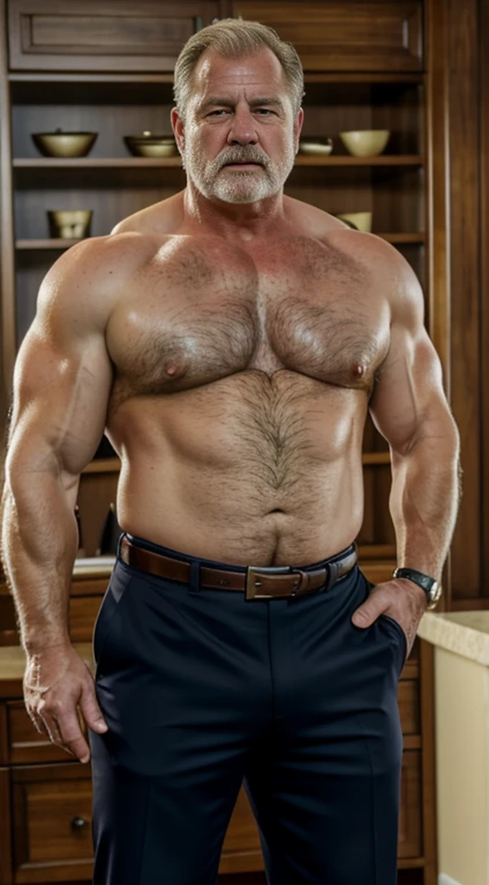 (best quality,4k,8k,highres,masterpiece:1.2), age 60, white man sheriff , horny disgusting, muscular chubby, kind, shirtless, mature daddy, Dress Pants with big bulge, hairy chest hard nipple, belt, loafer,