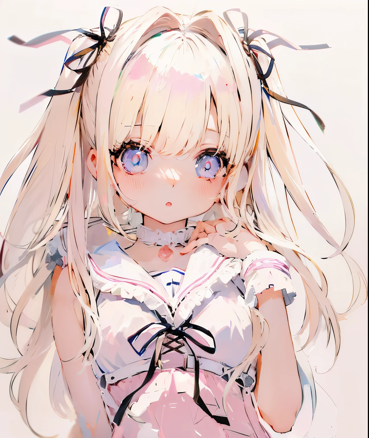 highest quality、An illustration、1 girl、Beautiful Face、cute、White Background、Blonde、Half Twin Tail、She has a thin white ribbon on her head、White blouse、Gingham Check Skirt、White skin、Princess Cut、Pink Cheeks、Small lips、Pink Lips、Tear bags