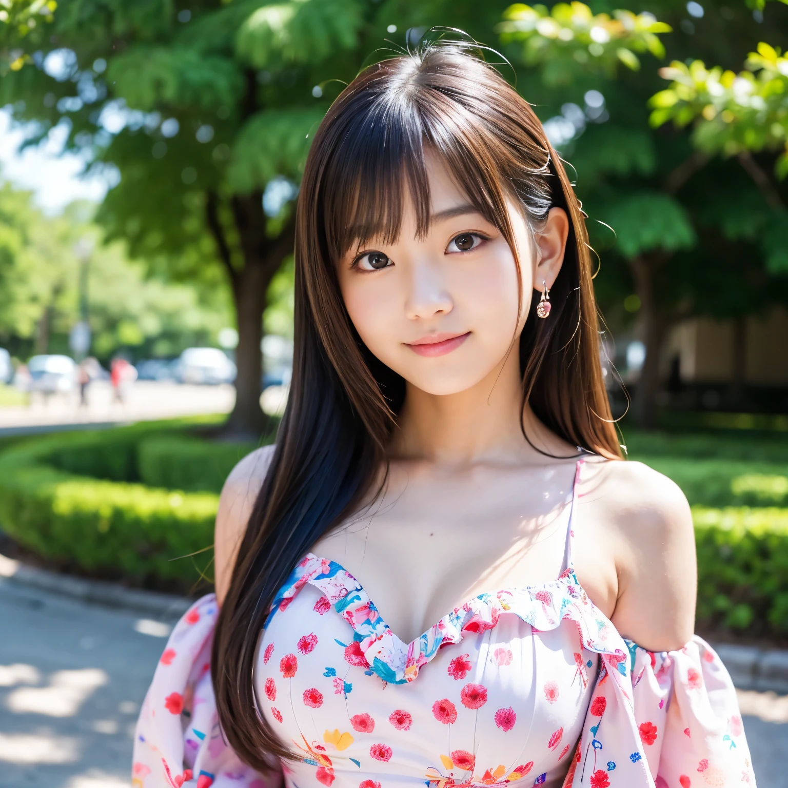 Best-quality, Masterpiece, Ultra-High-Resolution, (Photorealistic:1.4), Raw-Photo, 64K, depth of field, professional lighting, perfect anatomy, extremely details, 1girl, -yeld, thost famous Japanese idol, cowboy shot, dancing at park, wearing off shoulders dress with cute-patterned, ((extremely cute face like the most popular Japanese idol, ((extremely cute and extremely big eyes)), extremely beautiful hair)), extremely beautiful skins, extremely cute lips, extremely cute long-eyelashes, extremely childish body, looking at viewer, innocent smile, detailed off-shoulders-dress-with-cute-patterned