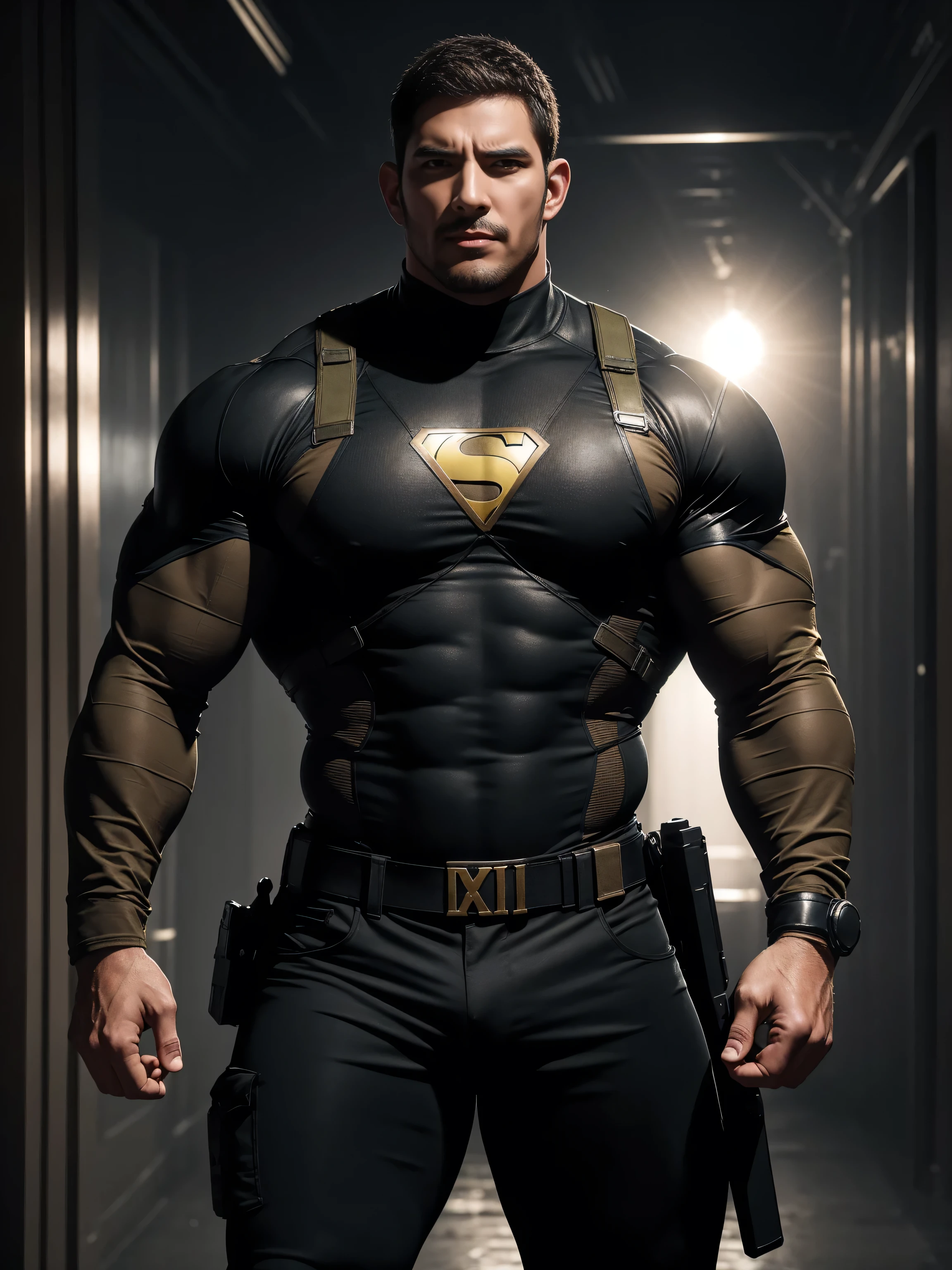 Angry furious muscular police officer, On the old-style outdoor streets, Wear a brown superhero bodysuit with long sleeves, Elastic spandex material,The expression is arrogant, Lift your chin, Disheveled unkempt hair, Thick thighs, Brown Superhero Bodysuit with Turtleneck and Long Sleeves, very tight, Regular symmetrical pattern, Highlight muscles, Police uniform pants, character concept(Resident Evil - Chris Redfield, Chris Redfield)A proud expression, Deep and charming eyes, Heroic male pose, tall Burly, muscular!The pectoral muscles are oversized, tough guy, perfect facial features, High, Burly, Heqiang, Super polished and cool, High Resolution Committee, Charismatic, The sun is blazing, dazzling