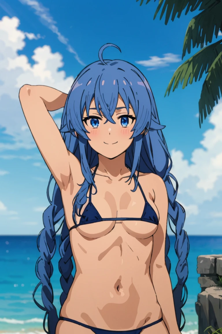 (masterpiece, best quality), music, 1 girl, Solitary, Smile, blush, Double braid, Long hair, Blue Hair, Ahog,  blue eyes, (Micro Bikini:1.4),Small Breasts, Upper Body, permanent, Selfie, Looking at the audience, Ocean滩, Ocean,(Squatting, spread your legs)),raise arms， Arms behind head 