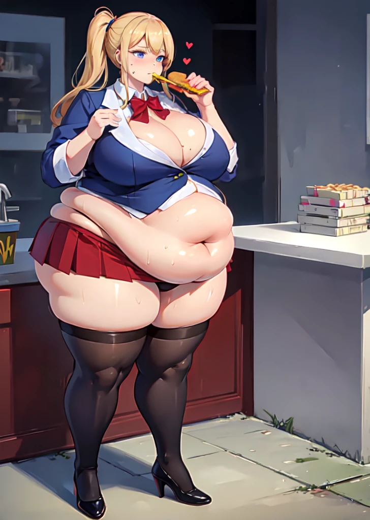 High quality, full body photo of a beautiful sexy secretary wearing extremely short skirt and seamed stockings, ((solo)), adult, high heels, craves sex, sweaty, eating at McDonalds, beautiful face, long wavy blonde hair, stunning blue eyes, massive painfully overstuffed bloated distended bulging heavy obese belly, panties visible under skirt, revealing skirt, shes binge eating, weight gain, very wide fat hips, fat thick thighs, massive wide fat round heart shaped shelf bubble butt, massive fat heavy breasts, very deep cleavage, tight uniform, belly so full it hurts, shes so fat she can barely stand, shes so full she can barely stand, her clothes dont fit shes so extremely fat, shes become a fat food addicted slob, she doesnt care about being fat anymore she just wants to eat more and more food until she cant move,