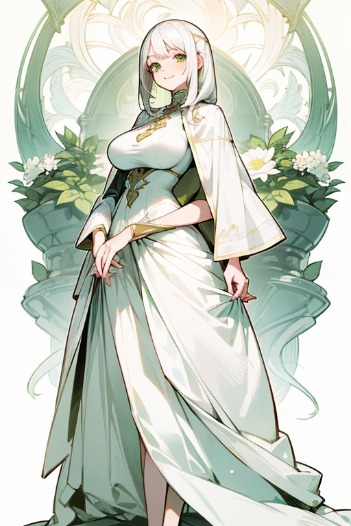 Young beautiful woman cute Anime illustration Smiling here Pale green eyes Big Breasts She looks neat and tidy and is wearing a luxurious white dress. White highlights on both eyes Waist-length white hair Beautiful fair skin Standing there with a neat appearance Lady Looks kind A young woman in her teens cute