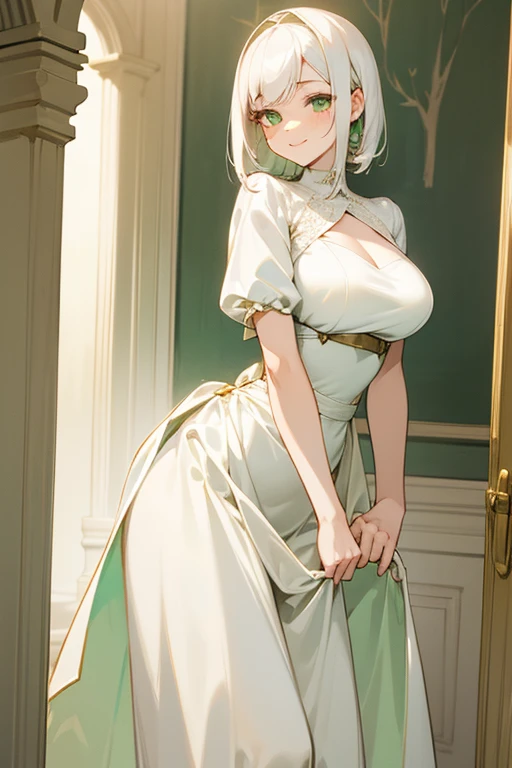 Young beautiful woman　cute　Anime illustration　Smiling here　Pale green eyes　Big Breasts　She looks neat and tidy and is wearing a luxurious white dress.　　White highlights on both eyes　Waist-length white hair　Beautiful fair skin　Standing there with a neat appearance　Lady　Looks kind　A young woman in her teens　cute