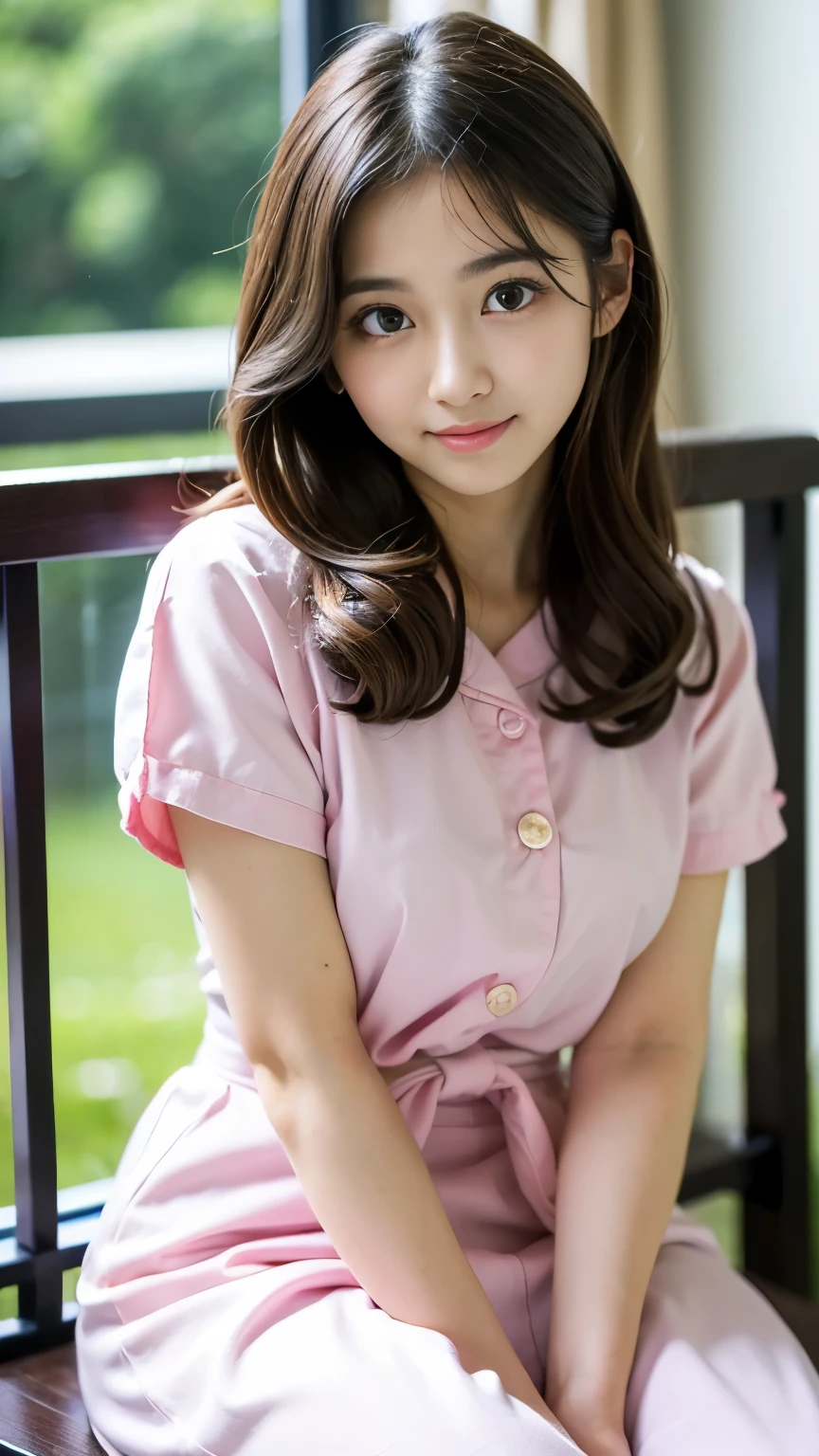 Best-quality, Masterpiece, Ultra-High-Resolution, (Photorealistic:1.4), Raw-Photo, 64K, depth of field, professional lighting, perfect anatomy, extremely details, 1girl, 15-years-old, the most famous Japanese idol, cowboy shot, sitting on chair at hospital, wearing only hospital gown, ((extremely cute face like the most popular Japanese idol, ((extremely cute and extremely big eyes)), extremely beautiful hair)), extremely beautiful skins, extremely cute lips, extremely cute long-eyelashes, extremely childish body, looking at viewer, innocent smile, detailed hospital