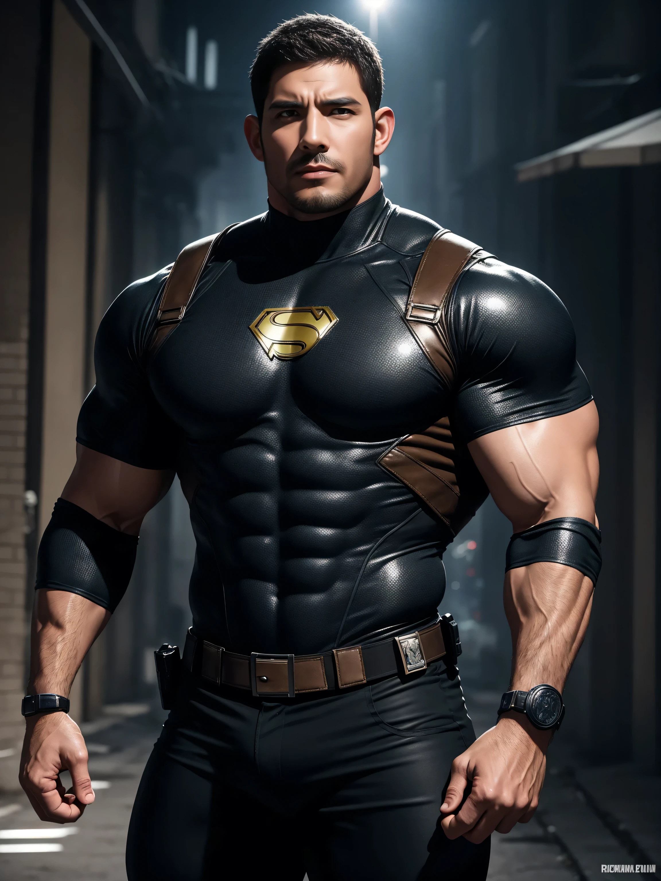 Angry furious muscular police officer, On the old-style outdoor streets, Wear a brown superhero bodysuit with long sleeves, Elastic spandex material,The expression is arrogant, Lift your chin, Disheveled unkempt hair, Thick thighs, Brown Superhero Bodysuit with Turtleneck and Long Sleeves, very tight, Regular symmetrical pattern, Highlight muscles, Police uniform pants, character concept(Resident Evil - Chris Redfield, Chris Redfield)A proud expression, Deep and charming eyes, Heroic male pose, tall Burly, muscular!The pectoral muscles are oversized, tough guy, perfect facial features, High, Burly, Heqiang, Super polished and cool, High Resolution Committee, Charismatic, The sun is blazing, dazzling