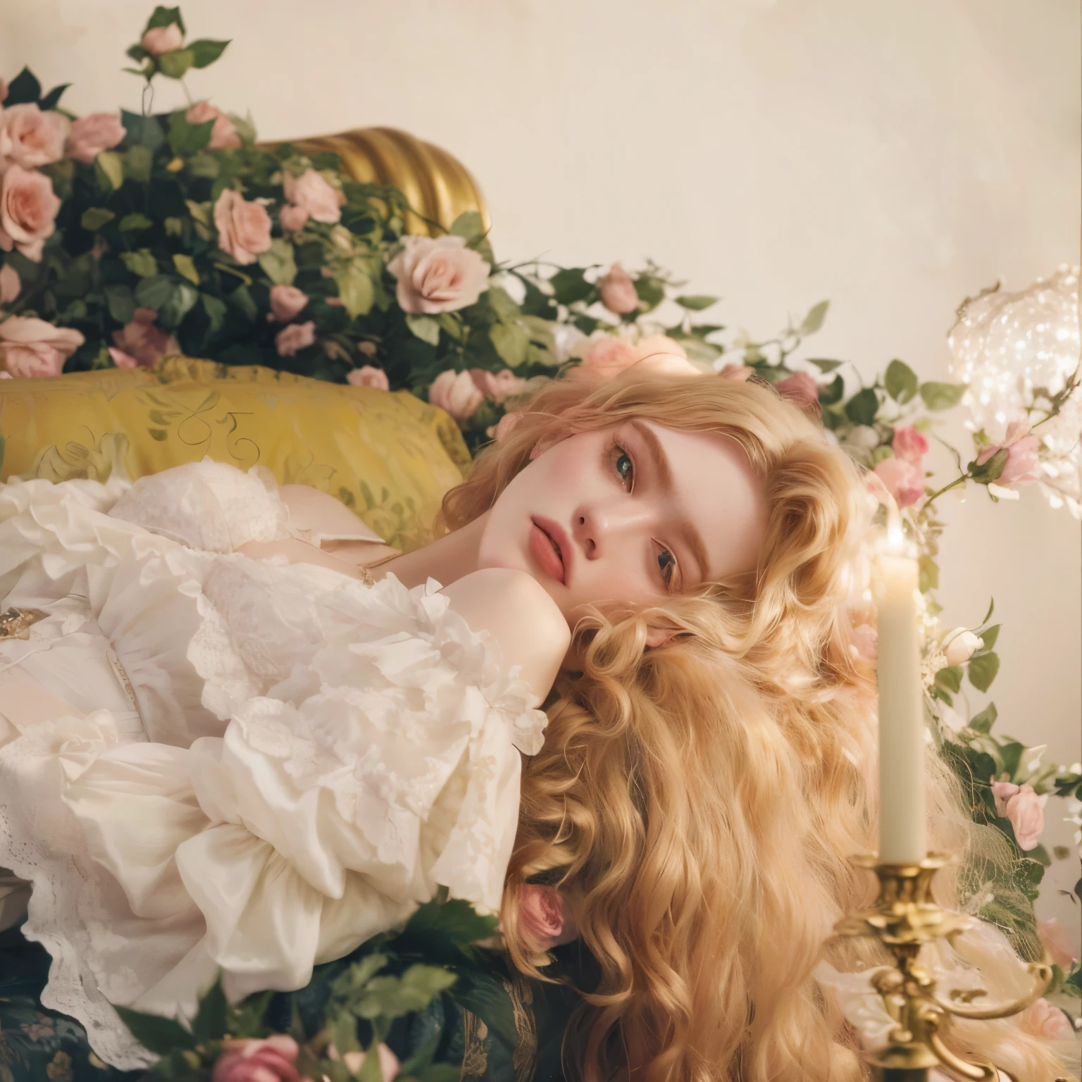 Mujer arafed acostada en una cama con un ramo de flores., monia merlo, portrait of Elle Fanning, rococo style portrait, Elle Fanning), refined editorial photography, Cuento de hadas de la Bella Durmiente, Elle Fanning, rococo queen, dreamy and ethereal, lovely languid princess, ethereal fairy tale, pale skin curly blonde hair, tendido sobre rosas, retrato romanticismo
