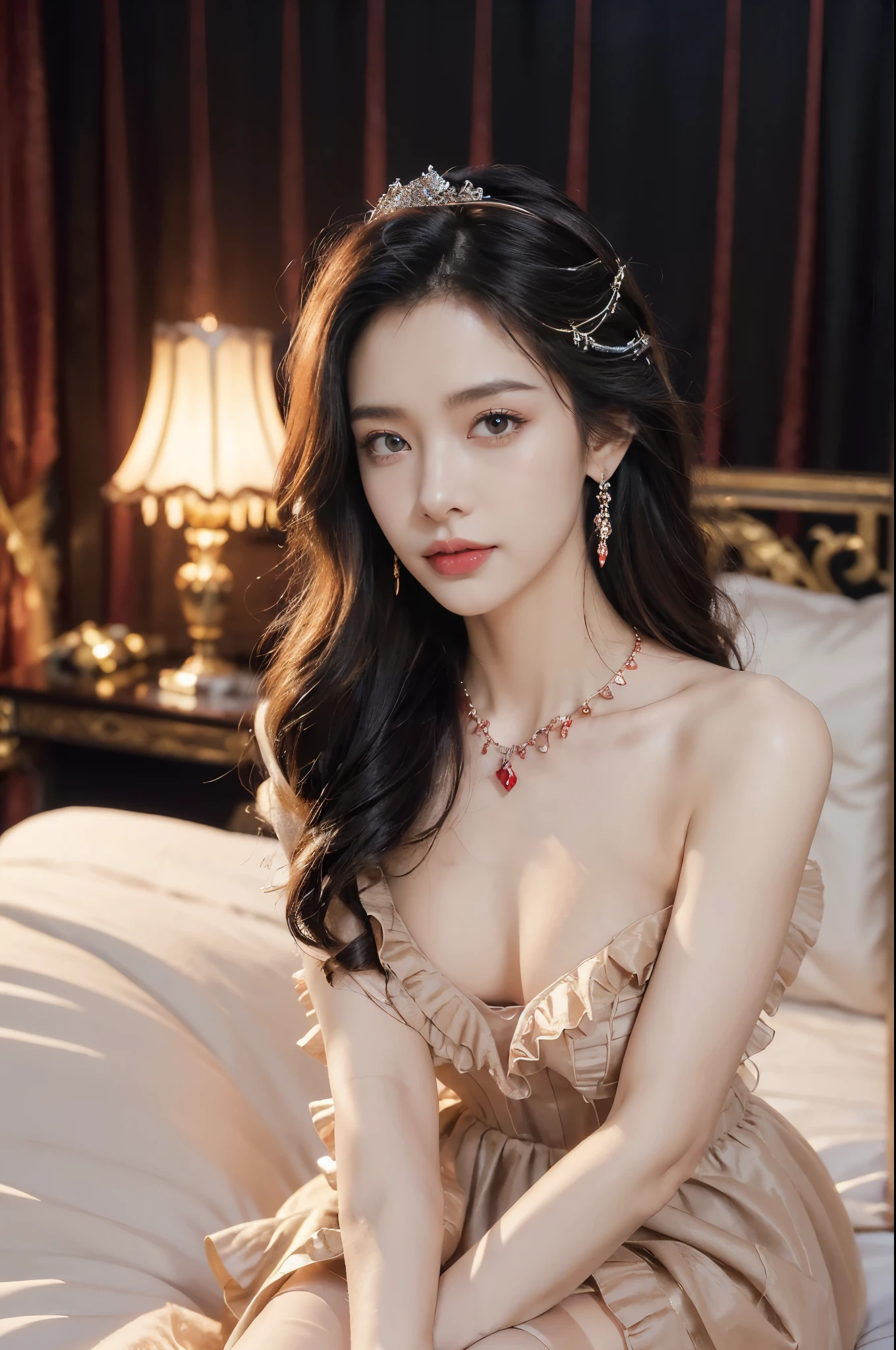 (Extremely meticulous CG),(((8k))),wallpaper,(Portrait above the chest:1.3),((Extremely refined and beautiful)),(((Masterpiece))),(((best qualtiy))),(((Ultra High Resolution))),beautiful light up,realistic shaded,(Smooth and flawless fair skin:1.5),(Extremely exquisite facial details:1.2),(ultra-detailed:1.5),((a beautiful girl,solo)),(shoulder length straight bob hair:1.3),(small head:1.2),(princess crown:1.2),(slender face:1.2),(Exquisite makeup:1.3),(smiling:1.2),(laughing:1.2),(blush:1.3),(perfect body:1.2),(earrings:1.2),(crystal necklace:1.3),(Bracelet:1.2),(Gorgeous red Gothic ruffled evening dress:1.5),((slim,thin)),(small breasts:1.2),(flat chests:1.2),(slender legs:1.2),(nude pantyhose:1.5),(high heels:1.3),(from front:1.3),(Sitting on the bed:1.3),(arms behind back:1.3),(In a luxurious hotel bedroom:1.5),(Extremely luxurious decoration:1.5),(warm neon lights:1.3),(indoor:1.2),(Cyberpunk style:1.3),(detailed background:1.5),(night scene:1.5),(upper body:1.3),