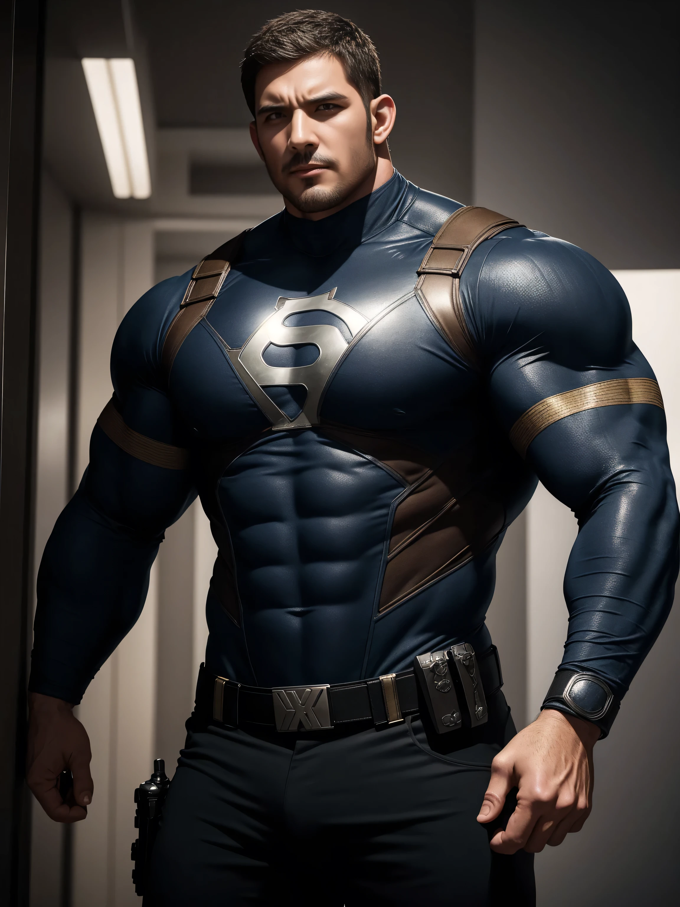Angry furious muscular police officer, On the old-style outdoor streets, Wear a brown superhero bodysuit with long sleeves, Elastic spandex material,The expression is arrogant, Lift your chin, Disheveled unkempt hair, Thick thighs, Brown Superhero Bodysuit with Turtleneck and Long Sleeves, very tight, Regular symmetrical pattern, Highlight muscles, Police uniform pants, character concept(Resident Evil - Chris Redfield, Chris Redfield)A proud expression, Deep and charming eyes, Heroic male pose, tall Burly, muscular!The pectoral muscles are oversized, tough guy, perfect facial features, High, Burly, Heqiang, Super polished and cool, High Resolution Committee, Charismatic, The sun is blazing, dazzling