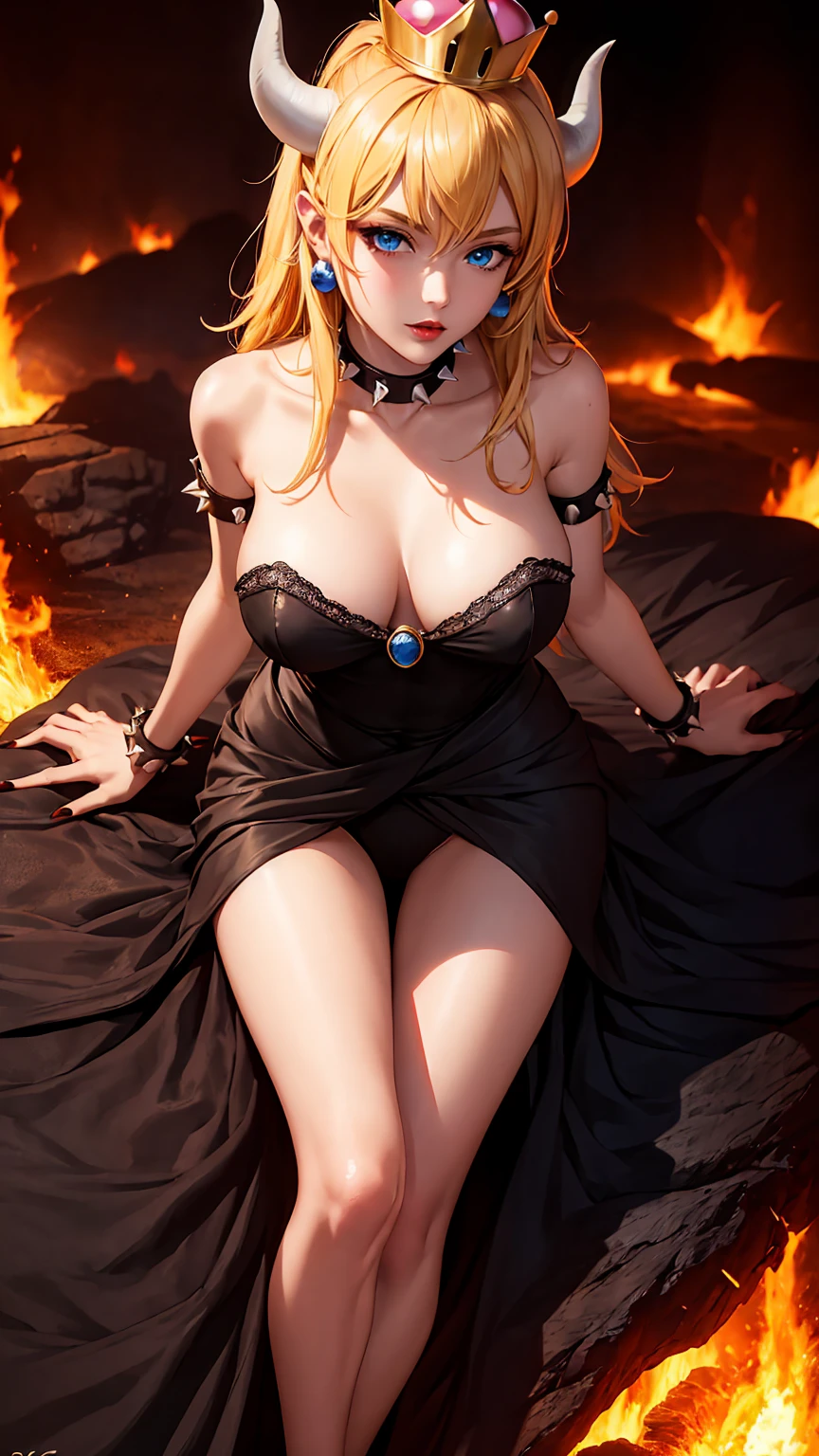 ((high detailed, best quality, 4k, masterpiece, hd:1.3)), ((best quality)), (((HD))), (((8k))), (ultraDH), (ultra HD), Princess Daisy, blue eyes, BREAK blue eyes, seductive, attractive, smooth anime cg art, 36C breasts, long legs, vivid colors, detailed digital art, slim body, perfect skin, dark blonde hair, long hair, blonde hair, blonde hair, BREAK crown, cleavage, 36C cleavage, looking at viewer, BREAK looking at viewer, extremely detailed face, red santa suit, red santa claus suit, santa claus suit, earrings, gem, dark black makeup lips, dark gothic eyeshadows, dark eyeshadows, black eyeshadows, black sexy lips, black lips, (dark:1.2), dark lips, very dark lips, (perfect hands, perfect anatomy), black makeup, black medium lips, black thick lips, detailed fingers, five fingers per hand, 5 fingers, (1 girl), detailed lips, detailed black lips, black painted lips, gothic painted lips, BREAK night, night sky, (breast focus), (arms outstreched:1.2), (from above:1.1), (breasts out:1.3), (off shoulder:1.1), (white horns), (lingerie), inside a lava castle, she inside a sea of lava, she bathing in lava, full body, perfect long legs, perfect foots, legs and foots into the lava,