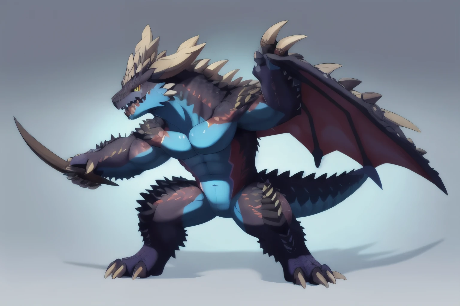 fighting pose,full body,digitigrade,feral,
nergigante,shuimobysim,shuangshuang，Blue belly,,zinogre,blue abdomen,blue chest，solo，correct body proportions