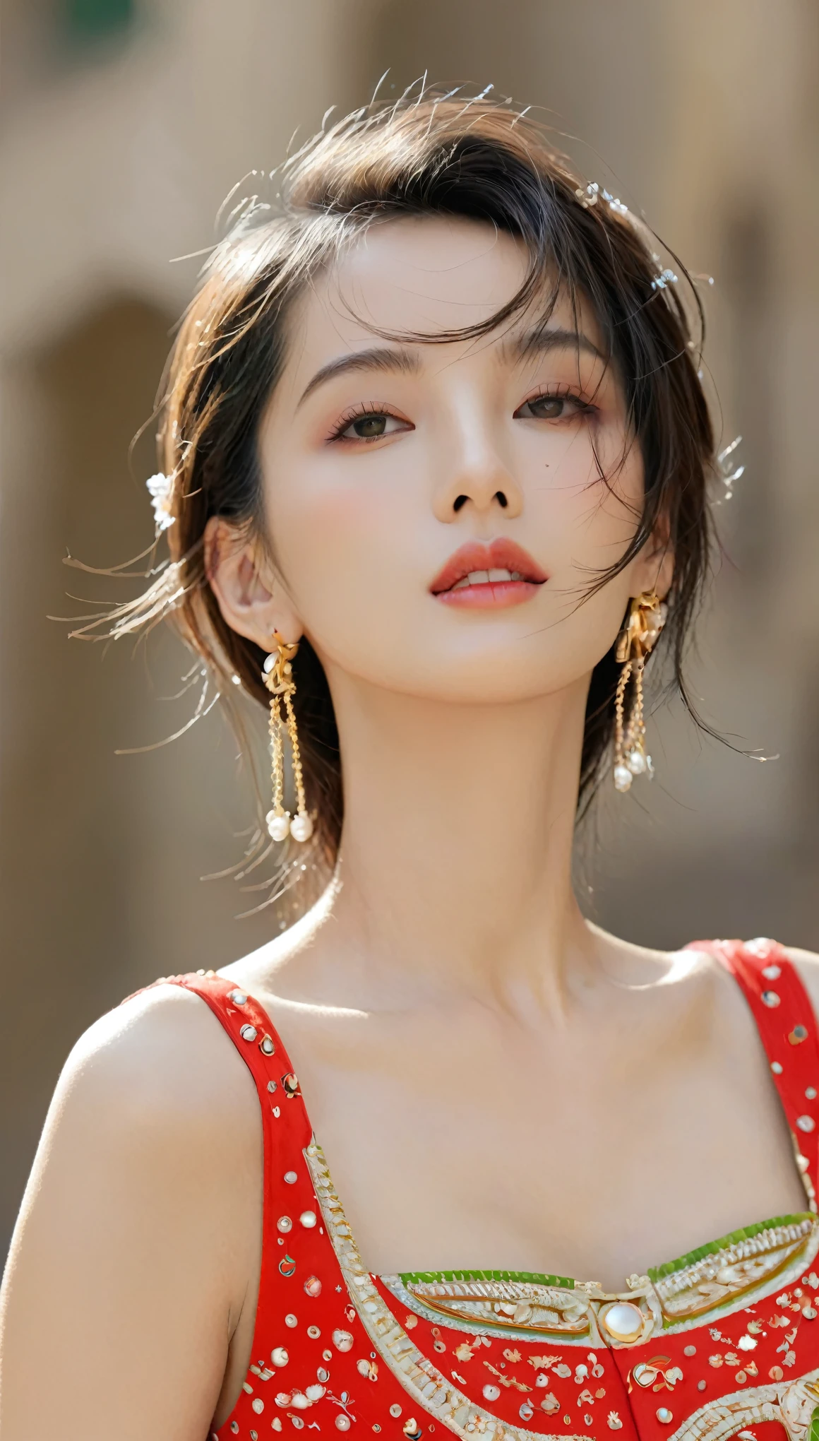 top quality, masterpiece, Ultra HD, (Reality: 1.4), (Look: 1.4), (Look: 1.4), Don't look at the camera, original photo, A girl, Black Hair, (Straight short hair: 1.4), (Paterson: 1.4), Bangs, Smile, Smooth skin, Dramatic Lighting, Neat, t-shirt, White summer sweater, (Large target: 0.9), garden