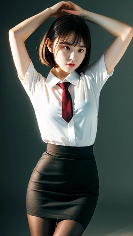 1girl,young girl, shiny skin,big breasts,nice leg line:1.3, thin waist,, thighhighs,necktie,((pencil skirt)),looking at viewer,from below,full body, ( pantyhose:1.3),(The golden ratio figure),
masterpiece, best quality, best perspective, ultra-detailed and intricate, extremely delicate and beautiful, best quality light, (ray tracing:1.1), anti-aliasing,
realistic,photorealistic,award-winning illustration,(intricate details:1.2),(delicate detailed) (intricate details),(cinematic light,best quality Backlights),clear line,sharp focus,official art,unity 8k wallpaper,absurdres,incredibly absurdres,huge filesize,ultra-detailed,highres,extremely detailed extremely delicate and beautiful,RAW photo, professional lighting,dynamic lighting,light on the face,depthoffield,solofocus,cool beauty,tall woman,black hair,short cut hair,Precisely expresses details such as face and skin texture,beautiful eye,double eyelid,delicate skin,slender body shape,alone,