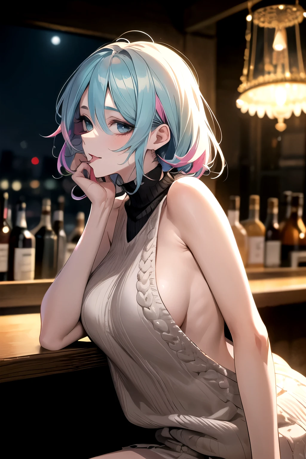 lost half-closed eye,visibly drunk,shoulder cut sleveless sweater with neck collar, side body,,large back cutout,front and back,hourglass dark room with coloful lights in the background,sitting on a bar,anime big eyes,anime face,anime body,long exposure,detailed background,(masterpiece), (best quality), (detailed),detailed face and Clothing,looking sexy,sexy pose,erotic,teasing,