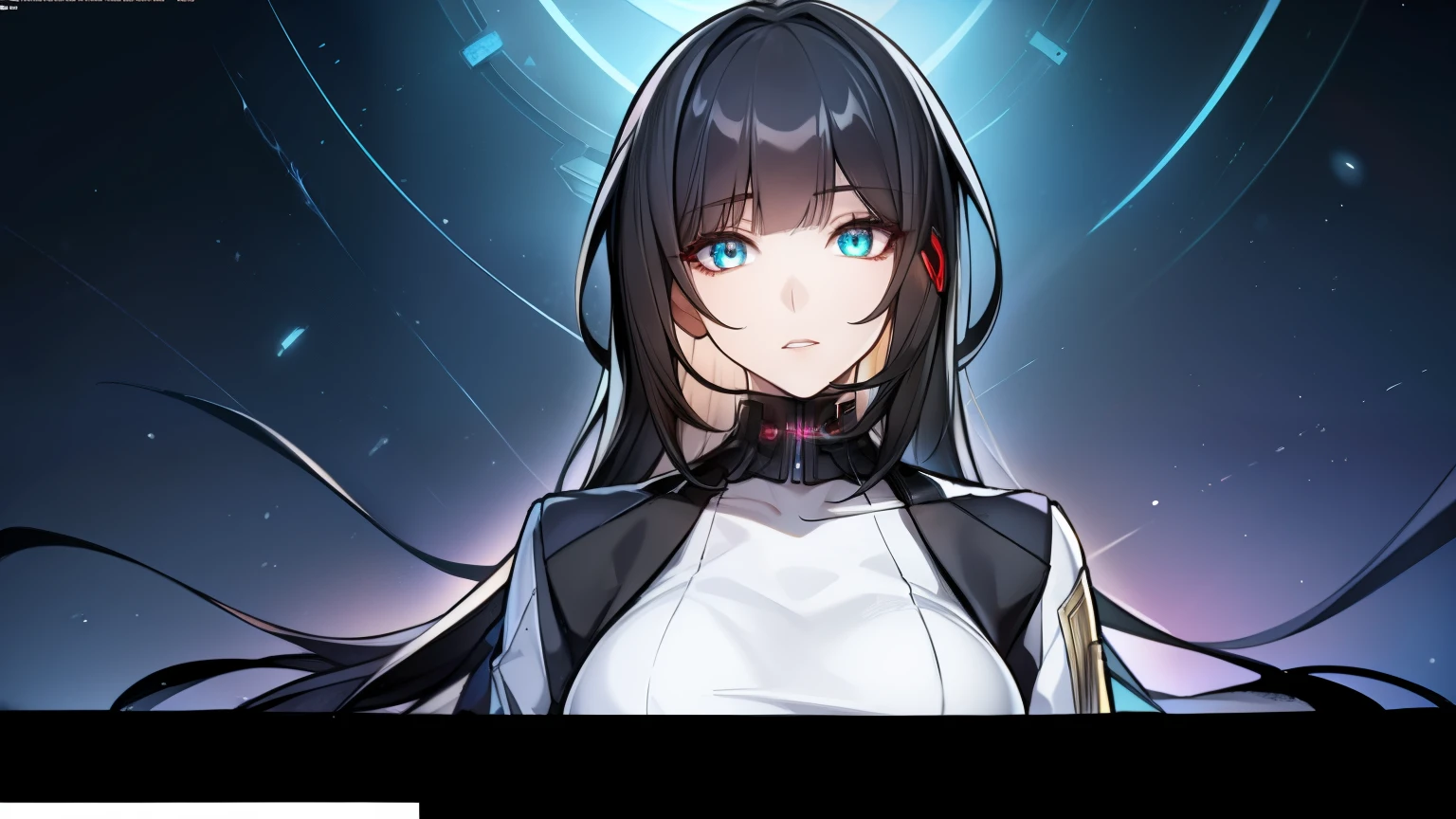 1female, black hair, beautiful face, red eyes, long hair, medium breast, futuristic, visual novel cg style, BREAK looking at viewer, BREAK (masterpiece:1.2), best quality, high resolution, unity' 8k wallpaper, (illustration:0.8), (beautiful detailed eyes:1.6), extremely detailed face, perfect lighting, extremely detailed CG, (perfect hands, perfect anatomy)