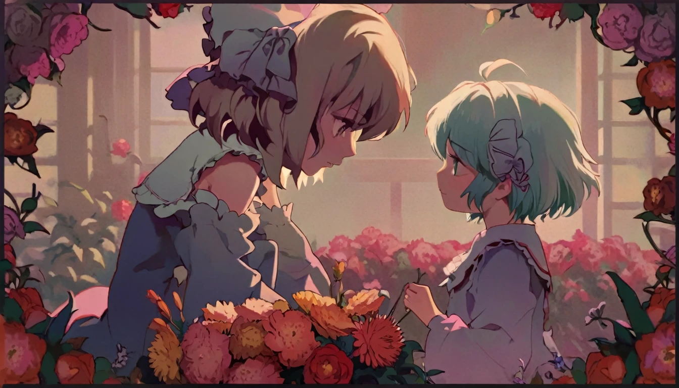 best quality, aesthetic, detailed, solo, 2girls, young girl, anime screencap, 1980s \(style\), flandre and remilia from touhou looking at some pretty flowers