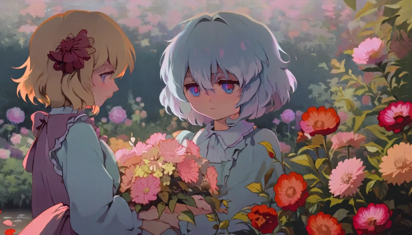 best quality, aesthetic, detailed, solo, 2girls, young girl, anime screencap, 1980s \(style\), flandre and remilia from touhou looking at some pretty flowers