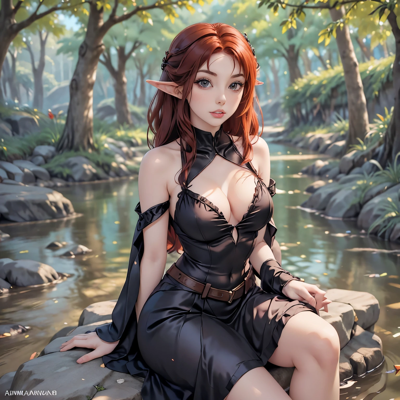 redhead haired woman in black dress sitting on rock in park, amouranth, better known as amouranth, young beautiful amouranth, beautiful redhead woman, red haired goddess, with pale skin, amouranth as a super villain, very beautiful elven top model, redhead girl, fantasy photoshoot, triss merigold cosplay, redhead woman, beautiful maiden