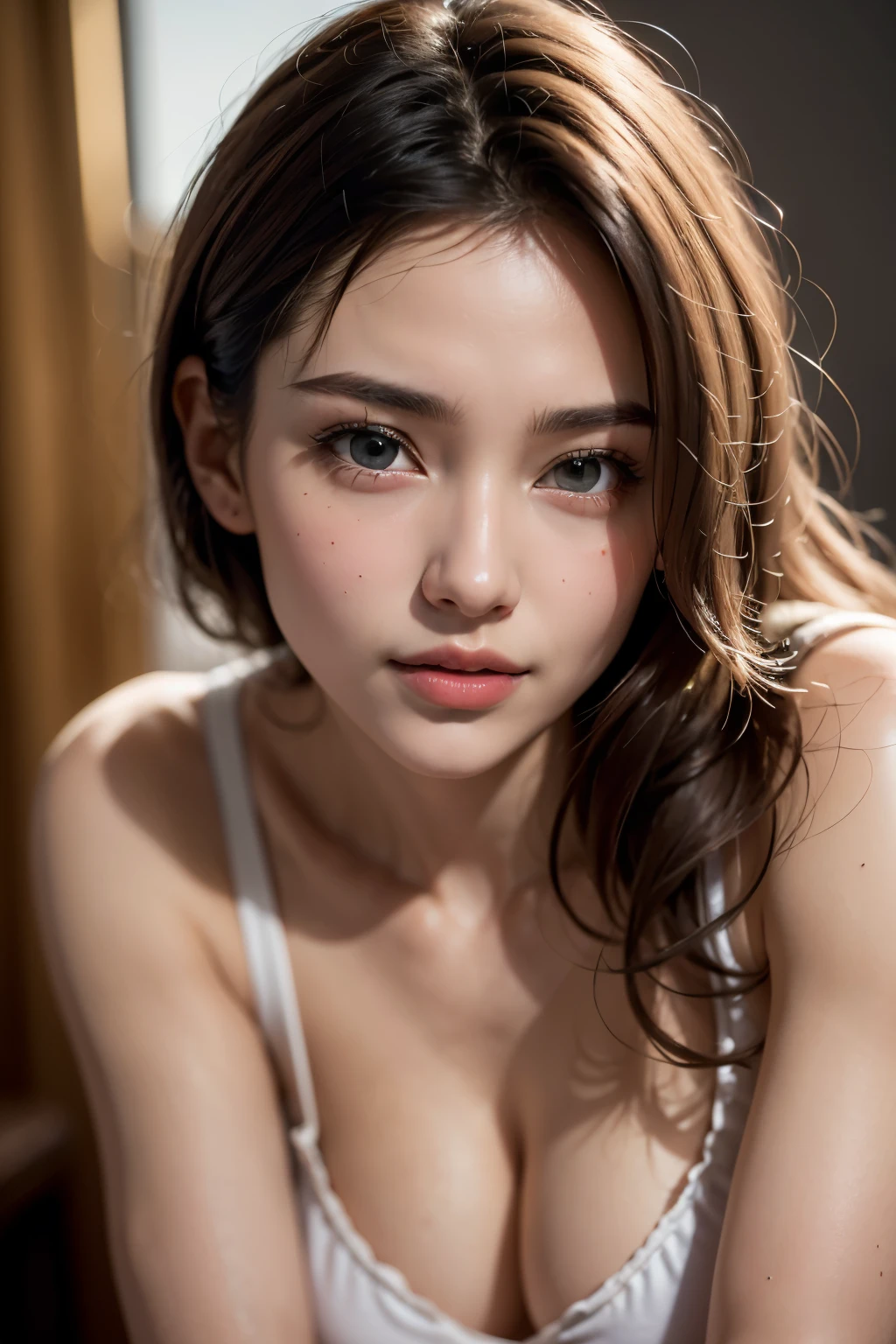 (highest quality、table top、8k、best image quality、Award-winning work)、(one young girl, :1.3)、no sleeve, (red eyeshadow:1.2)、perfect makeup、long eyelashes、Super high-definition sparkling eyes、ultra high definition hair、ultra high resolution glossy lips、Super high resolution perfect teeth、Super high resolution cute face、brown hair、(very short straight hair:1.1)、look at me and smile、[clavicle]、accurate anatomy、(close up of face:1.5)、Luxury love hotel、(The most moody warm lighting:1.2)、blurred background、With bangs、Super high-resolution glossy and moisturized face、Super high resolutio n glowing skin、most detailed face、Ultra high resolution detailed faces、ultra high resolution hair、Fashion model 25 years old [[[[close-up]]], [[[[chest]]]], [[[[neck]]], [shoulders]]]]], Perfect eyes, Perfect iris, Perfect lips, Perfect teeth, Perfect skin, Soft front light, Glow, HDR, (Soft color: 1.2), Best quality, masterpiece, ultra high res, (photorealistic:1.37), raw photo, 1girl, long hair, beautifull eyes, beautifull face, detailed eyes and face, t-shirt, dynamic lighting, in the dark, table top, highest quality, realistic, Super detailed, finely, High resolution, 8k wallpaper, 1 beautiful woman, light brown messy hair, Realistic, High Resolution, [[[ Only one girl ]]]], Wavy black hair, Blue eyes, Stylish tank top, full body, Big breasts, Cleavage, Sitting on chair, Pose random, 8K, Very detailed, High Resolution, Facing camera ( One woman), One woman, (Very realistic, High Resolution), ( Very Detailed Eyes, Very Detailed Hair, Very Detailed Face, Very Detailed Plump Lips), (Breast Open Off Shoulder), Breasts, Upper Body, Affectionate Smile, Golden Hair, (Top Quality: 1. 4), Raw Photo, (Realistic, Photorealistic: 1.37), nsfw,Highest Quality, Highest image quality, RAW Photos, Realistic, Photorealsitic, ultra detailed and beautiful, highest details, 1young girlsood-looking, Beautiful fair skin and luster, Beautiful eyes are big and bright, Small mouth and thin lips,