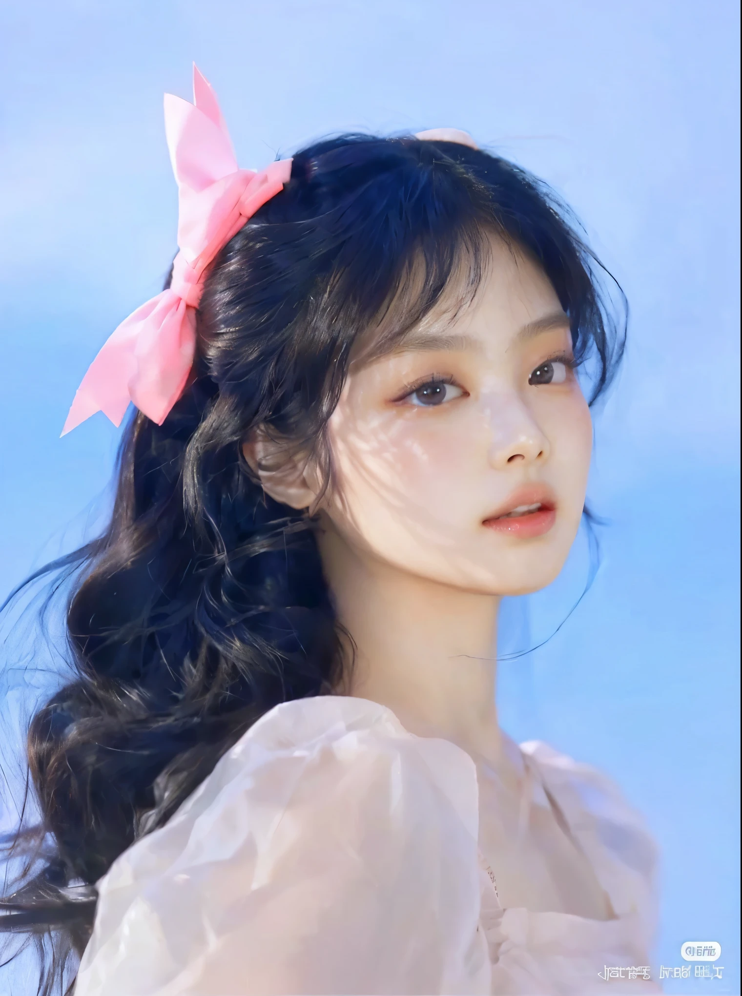 a close up of a woman with a pink bow on her head, xintong chen, white hime cut hairstyle, by Yanjun Cheng, by Ye Xin, lovely delicate face, curly bangs and ponytail, sha xi, yanjun chengt, chengyou liu, chinese girl, by Ni Tian, inspired by Ma Yuanyu, ulzzang, by Yang J , blackpink jennie , blackpink Lisa , asian famale face , cute girl , Korean famale , Orange hair, orange