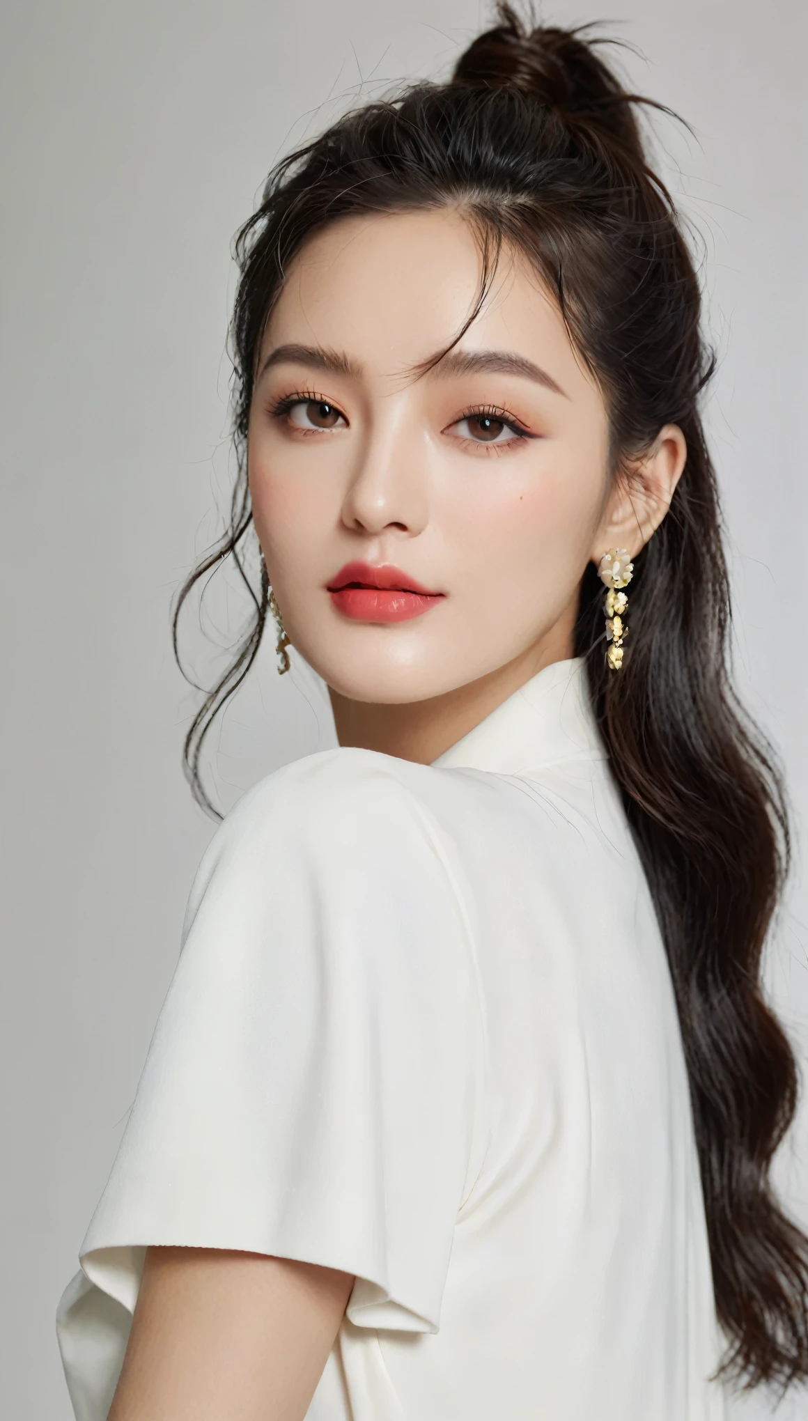 top quality, masterpiece, Ultra HD, (Reality: 1.4), (Look: 1.4), (Look: 1.4), Don't look at the camera, original photo, A girl, Black Hair, (Straight short hair: 1.4), (Paterson: 1.4), Bangs, Smile, Smooth skin, Dramatic Lighting, Neat, t-shirt, White summer sweater, (Large target: 0.9), garden