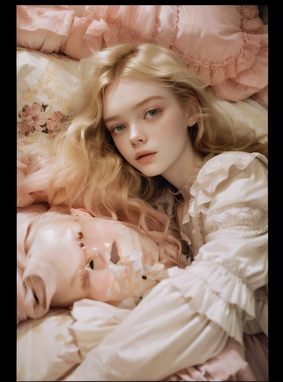 Arafed woman lying in bed with pink and white sheets., Elle Fanning), Steven Meisel photography, Steven Meisel, al estilo de petra collins, Elle Fanning, pale ivory skin, monia merlo, pale ivory skin, Vogue Magazine Photography, pale and light skin!!, portrait of Elle Fanning, with pale skin, Elle Fanning at night, tendido sobre rosas