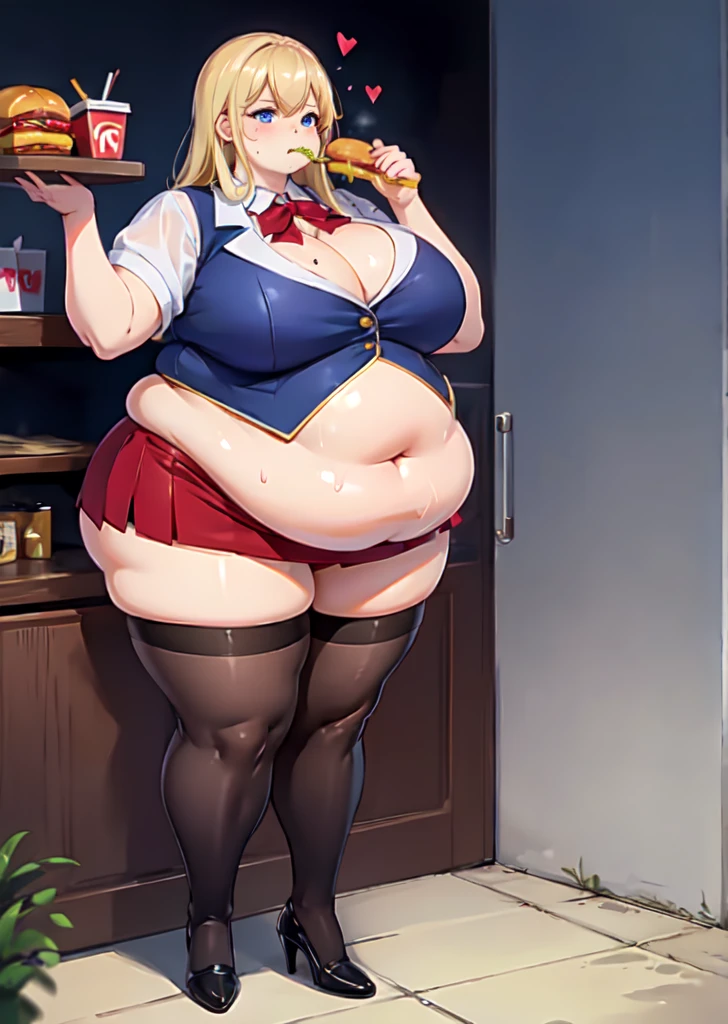 High quality, full body photo of a beautiful sexy secretary wearing extremely short skirt and seamed stockings, ((solo)), adult, high heels, craves sex, sweaty, eating at McDonalds, beautiful face, long wavy blonde hair, stunning blue eyes, massive painfully overstuffed bloated distended bulging heavy obese belly, panties visible under skirt, revealing skirt, shes binge eating, weight gain, very wide fat hips, fat thick thighs, massive wide fat round heart shaped shelf bubble butt, massive fat heavy breasts, very deep cleavage, tight uniform, belly so full it hurts, shes so fat she can barely stand, shes so full she can barely stand, her clothes dont fit shes so extremely fat, shes become an obese food addicted blob, unapologetically obese, fat face, fat double chin, fat neck,