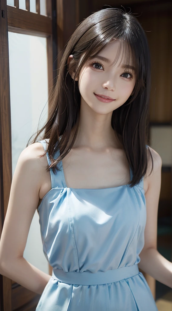 masterpiece、1 beautiful girl、A detailed eye、Puffy eyes、top-quality, 超A high resolution, (Realisticity: 1.4), OriginalPhotographs,cinematlic lighting、japanes、Super beauty、Beautiful skin、A slender、(A hyper-realistic)、(hight resolution)、(8K)、(ighly detailed)、(beautifully detailed eyes)、(ultra-detailliert)、(A detailed face)、looking at viewert、very smiling、Facing straight ahead、Black colored eyes、the body is facing forward、short-cut、Light blue sleeveless、hotpants、Clear、Summer sea、