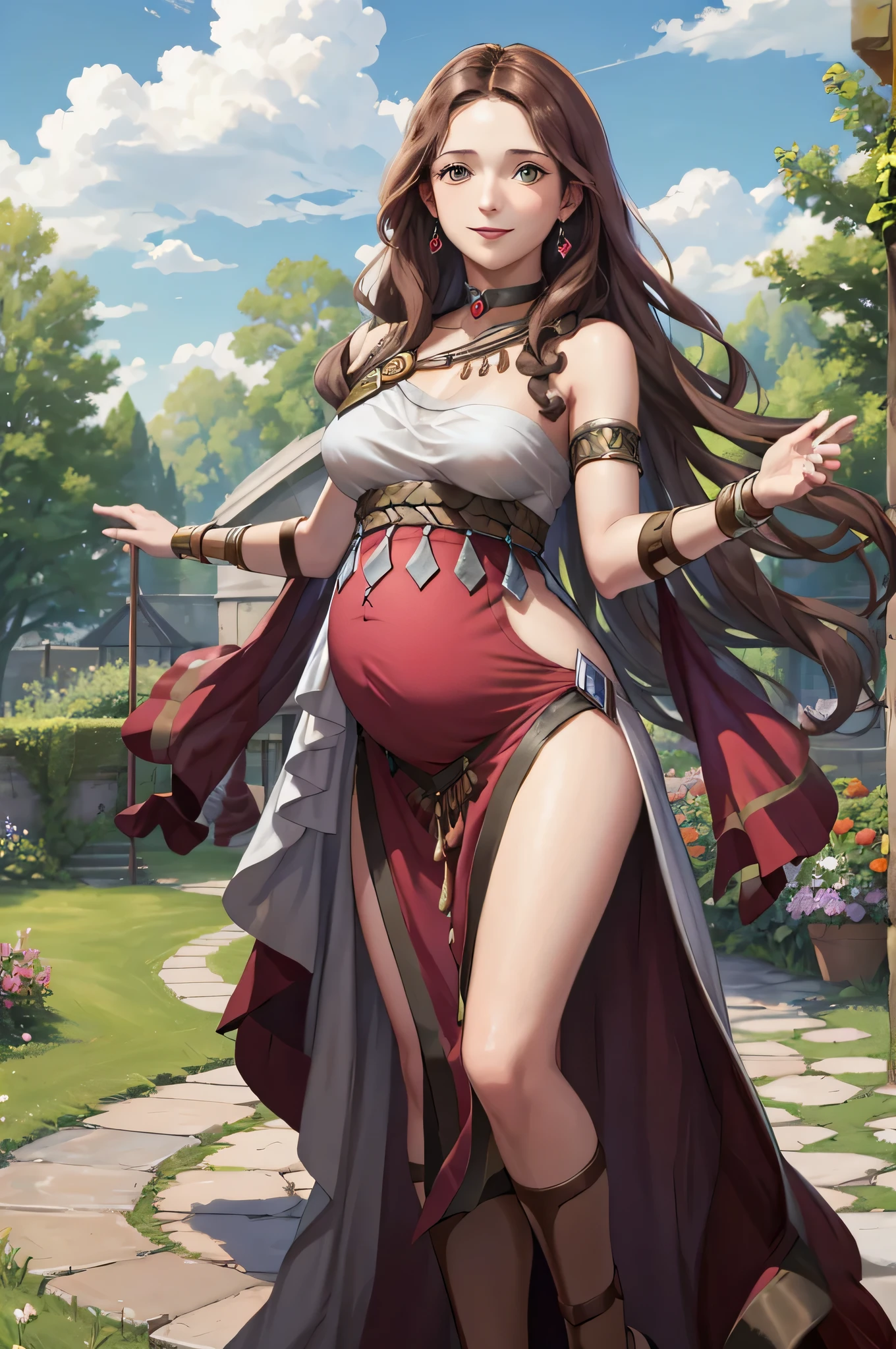 masterpiece, best quality, Dorothea Arnault, dorothea (timeskip), brown hair, large breasts, red danceroutfit, looking at viewer, smile, sky, clouds, garden, cowboy shot, long hair, pregnant