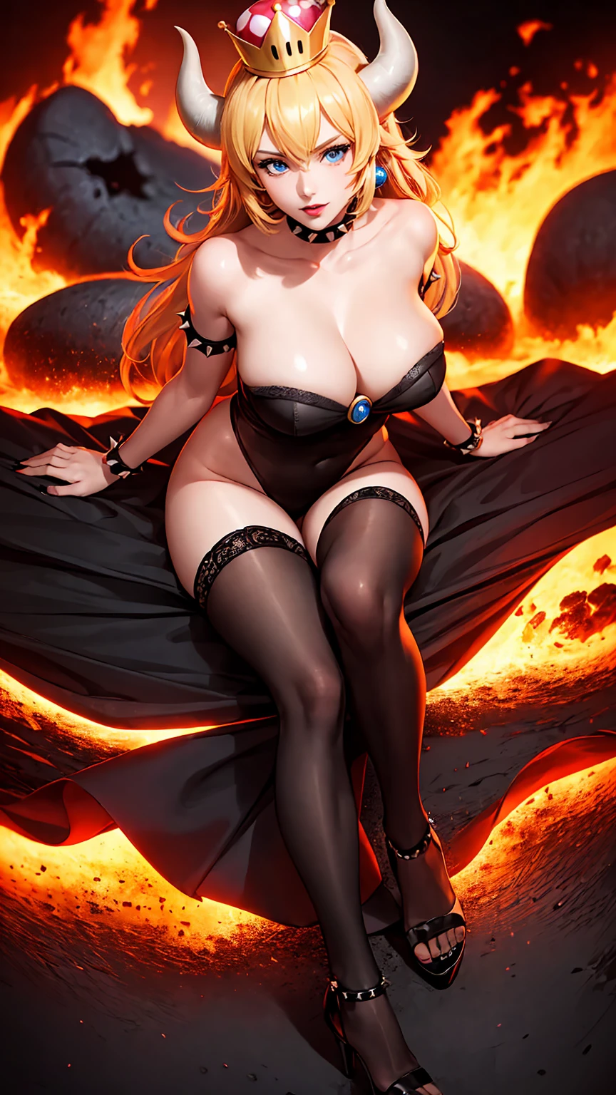 ((high detailed, best quality, 4k, masterpiece, hd:1.3)), ((best quality)), (((HD))), (((8k))), (ultraDH), (ultra HD), Princess Daisy, blue eyes, BREAK blue eyes, seductive, attractive, smooth anime cg art, 36C breasts, long legs, vivid colors, detailed digital art, slim body, perfect skin, dark blonde hair, long hair, blonde hair, blonde hair, BREAK crown, cleavage, 36C cleavage, looking at viewer, BREAK looking at viewer, extremely detailed face, red santa suit, red santa claus suit, santa claus suit, earrings, gem, dark black makeup lips, dark gothic eyeshadows, dark eyeshadows, black eyeshadows, black sexy lips, black lips, (dark:1.2), dark lips, very dark lips, (perfect hands, perfect anatomy), black makeup, black medium lips, black thick lips, detailed fingers, five fingers per hand, 5 fingers, (1 girl), detailed lips, detailed black lips, black painted lips, gothic painted lips, BREAK night, night sky, (breast focus), (arms outstreched:1.2), (from above:1.1), (breasts out:1.3), (off shoulder:1.1), (white horns), (lingerie), inside a lava castle, she inside a sea of lava, she bathing in lava, full body, perfect long legs, perfect foots, legs and foots into the lava, (((heels)))