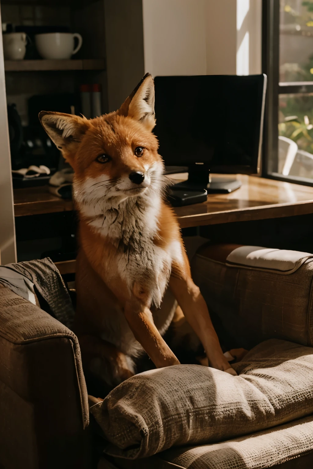 fox, sitting on the chair, drinking coffee, looking at screen