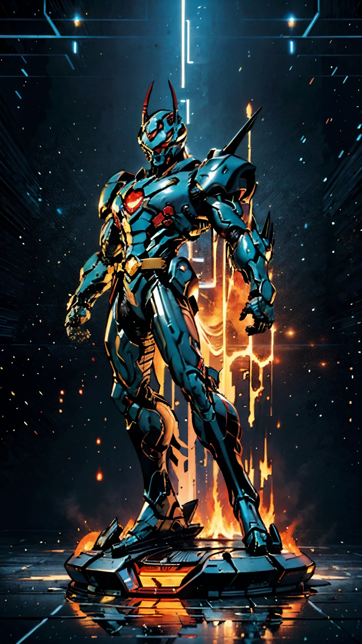 A man wearing a full-face helmet, a fantasy-style biotech armored combat suit, green eyes, (a composite layered chest armor), fully enclosed shoulder guards, matching arm and leg guards, the belt is adorned with fangs biting into gem, (the color scheme is primarily black with red accents), the design balances heavy with agility, a high-tech bio-mecha armor, (Armor Concept Inspired by Godzilla, stand on the top of a skyscraper in a futuristic sci-fi city), this character embodies a finely crafted fantasy-surreal style armored hero in anime style, exquisite and mature manga art style, (element, plasma, energy, the armor glows), ((male:1.5)), metallic, real texture material, dramatic, high definition, best quality, highres, ultra-detailed, ultra-fine painting, extremely delicate, professional, perfect body proportions, golden ratio, anatomically correct, symmetrical face, extremely detailed eyes and face, high quality eyes, creativity, RAW photo, UHD, 32k, Natural light, cinematic lighting, masterpiece-anatomy-perfect, masterpiece:1.5