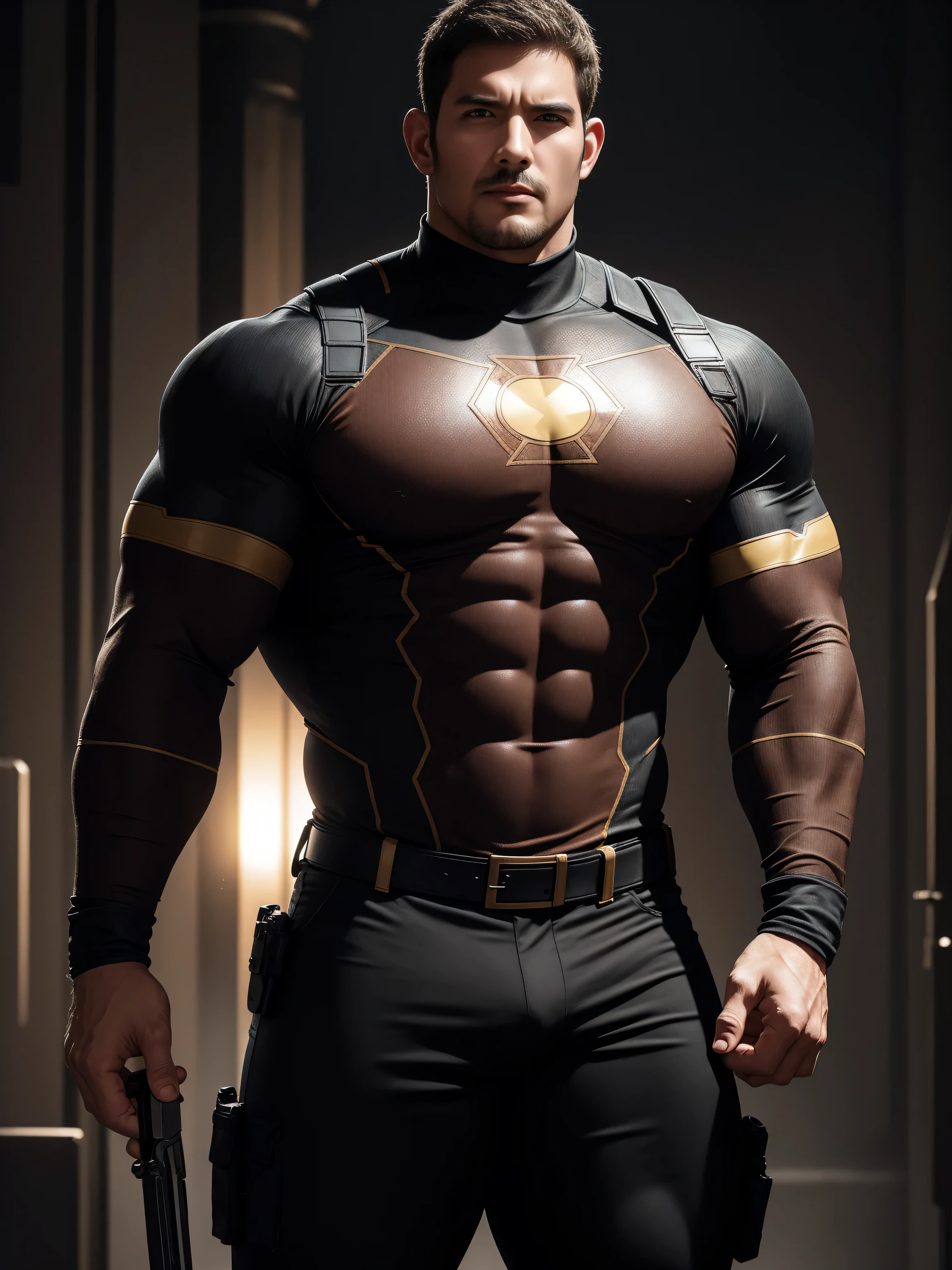 Angry angry muscular man, On the old-style outdoor streets, Wear a brown superhero bodysuit with long sleeves, Elastic spandex material,The expression is arrogant, Lift your chin, Disheveled unkempt hair, Thick thighs, Brown Superhero Bodysuit with Turtleneck and Long Sleeves, very tight, Regular symmetrical pattern, Highlight muscles, Police uniform pants, character concept(Resident Evil - Chris Redfield, Chris Redfield)A proud expression, Deep and charming eyes, Heroic male pose, tall Burly, muscular!The pectoral muscles are oversized, tough guy, perfect facial features, High, Burly, Heqiang, Super polished and cool, High Resolution Committee, Charismatic, The sun is blazing, dazzling