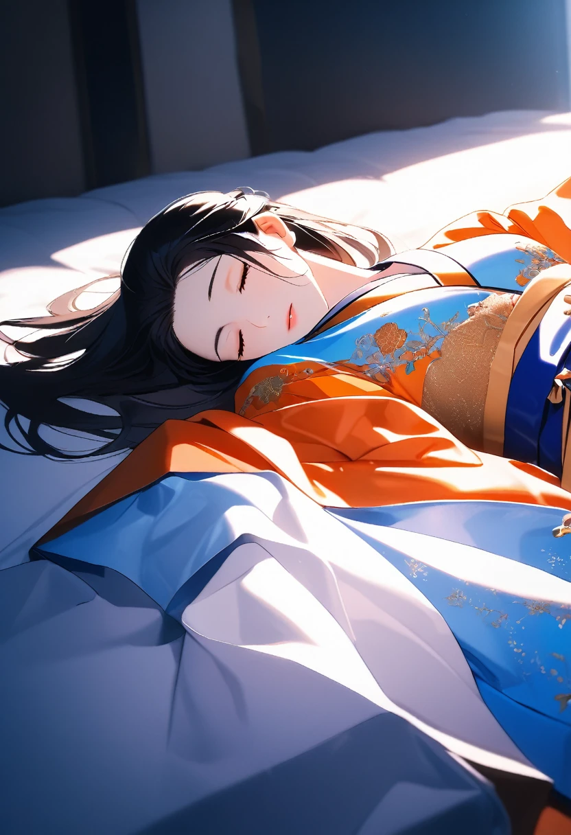 A beautiful Chinese woman wearing orange and blue gradient Hanfu is lying on the bed, In luxury bedroom with white sheets,She closed her eyes,head tilted back. Photo uses wide-angle lens to highlight embroidery details. Bright interior lights create soft tones through professional photography. Photographed in a professional style.